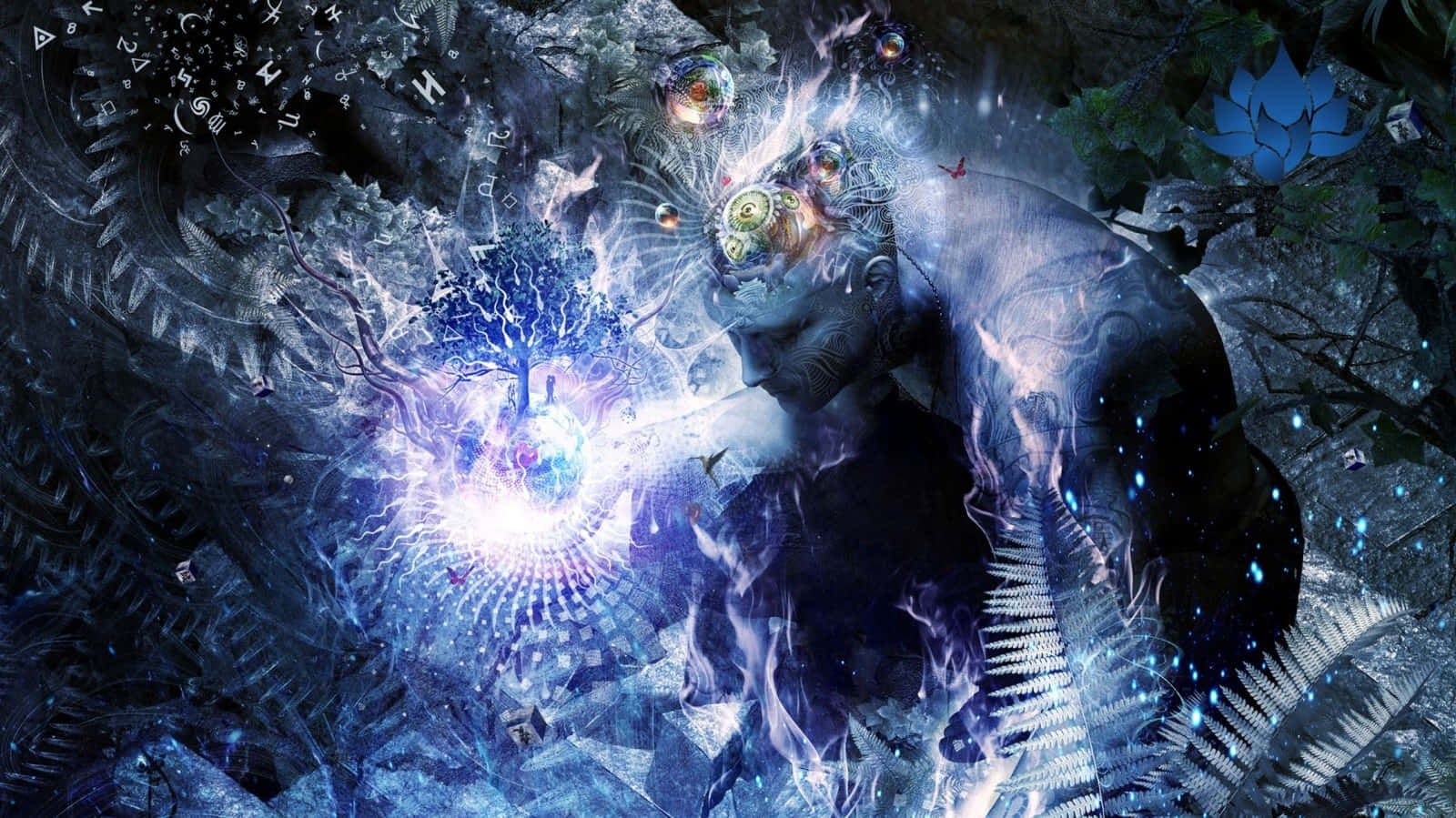Visuals 桌布 壁紙 — 一個神秘人物，眼睛發光，宇宙能量圍繞著一棵發光的藍色樹木，在黑暗的魔法森林中流動。