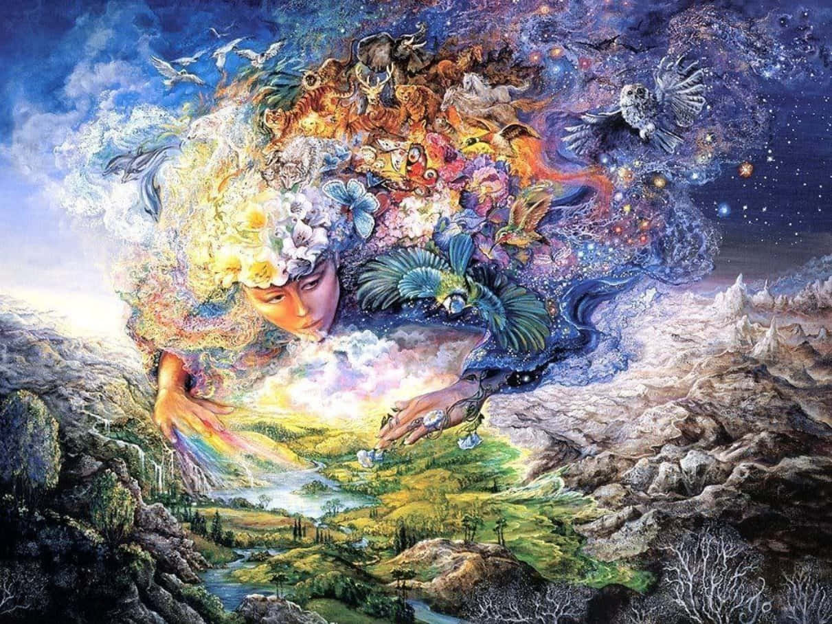 Myths 桌布 壁紙 — 一個神秘人物，頭部由動物、花朵和鳥類組成，盤旋在山谷上空，投射出一道彩虹，而星星在宇宙天空中旋轉。