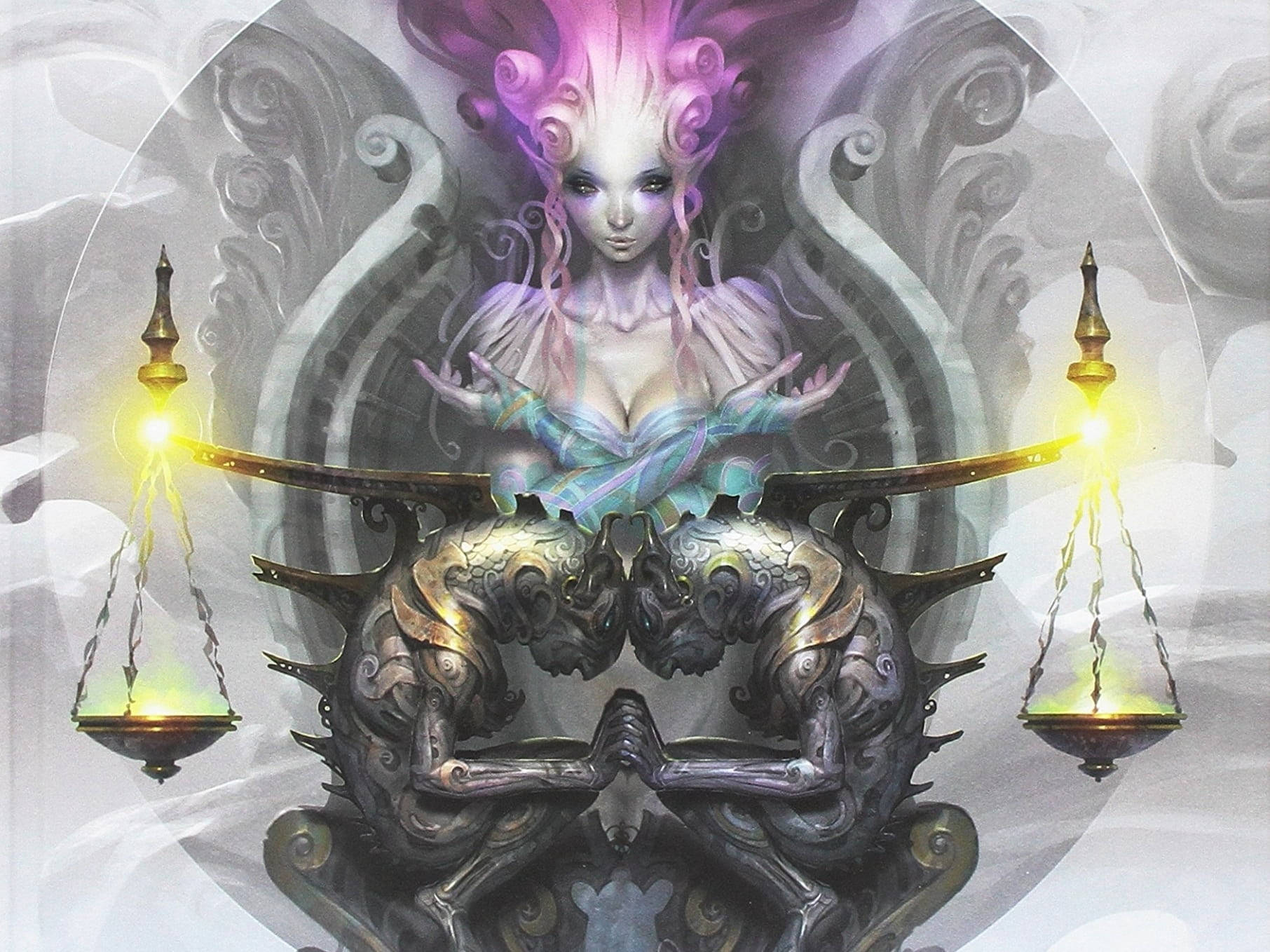 zodiac 桌布 壁紙 — 一個神秘人物擁有發光的紫色頭髮，坐在一個裝飾華麗的王座上，兩側有發光的天秤。