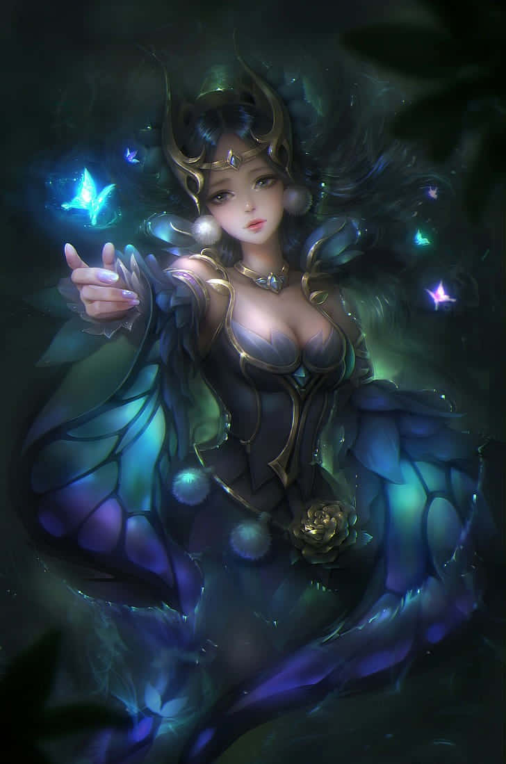 動漫藝術GIF 桌布 壁紙 — 一個神秘女性形象，擁有發光的蝴蝶翅膀和皇冠，在黑暗的魔法森林中召喚發光的蝴蝶。