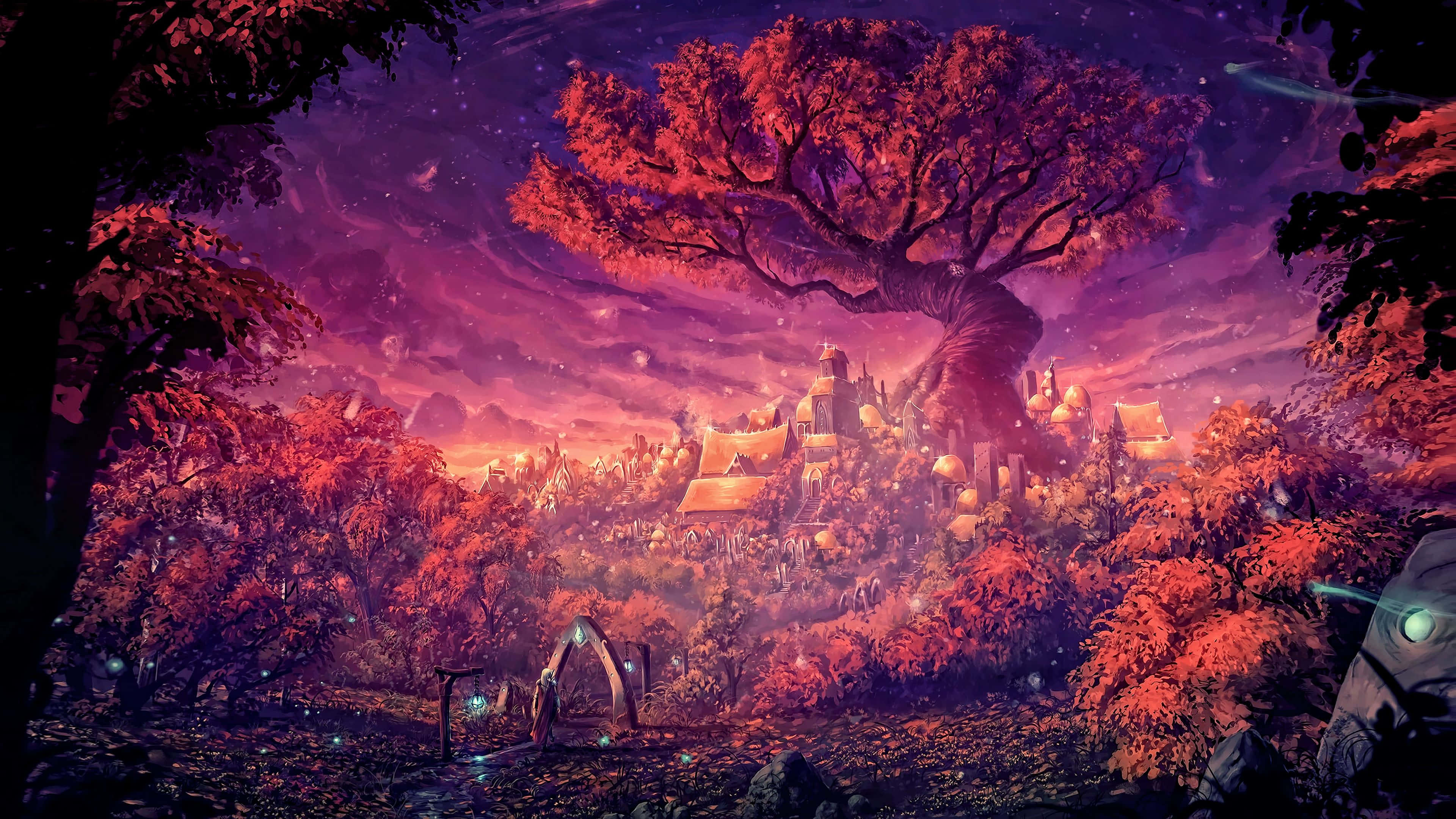Tree Of Life 桌布 壁紙 — 一個神秘村莊坐落於一顆巨大的發光樹下，上方是星光閃爍的暮色天空。