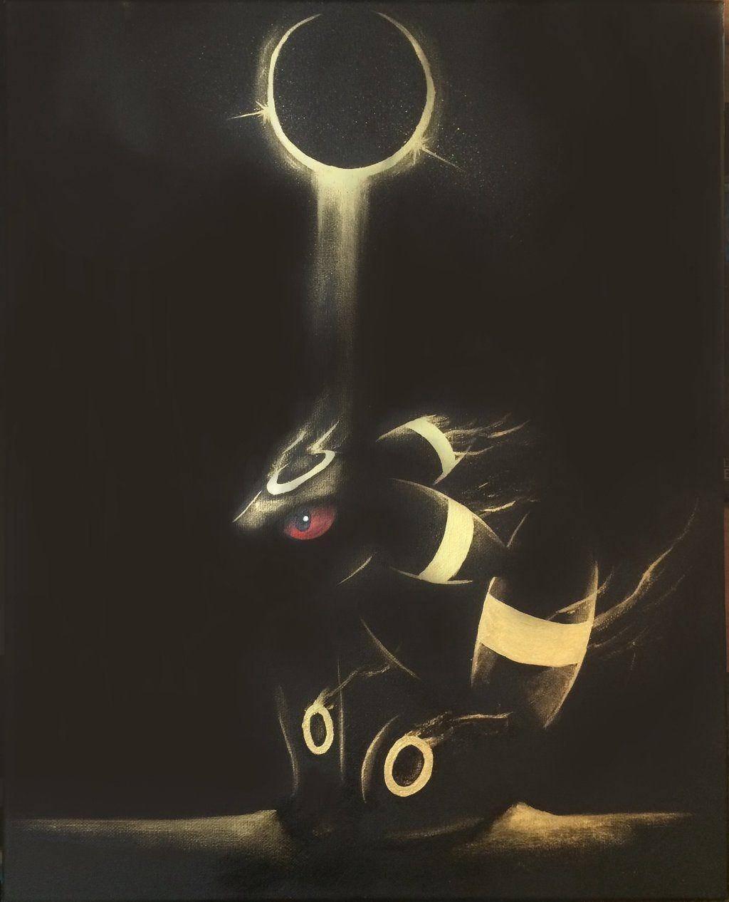 動漫 桌布 壁紙 — 一個神秘生物的黑色剪影，在黑色虛空背景下，散發光芒的紅色眼睛和金色圓環位於耀眼的光環之下。