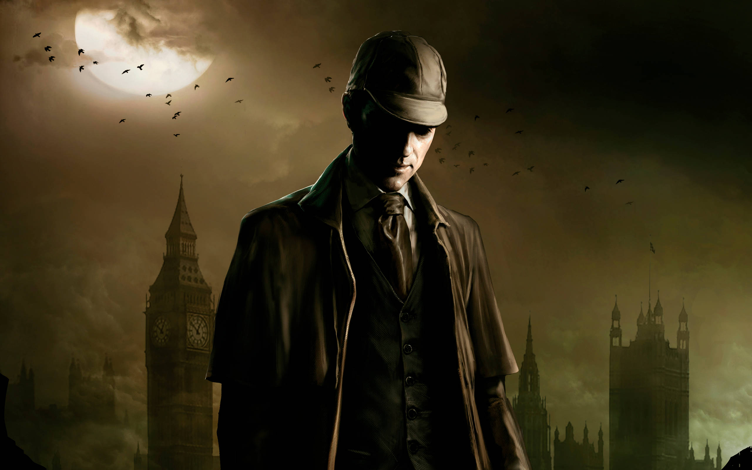 Sherlock Holmes 桌布 壁紙 — 一個神秘男子穿著風衣和帽子，站在倫敦大笨鐘前，滿月當空，蝙蝠在頭頂飛翔。