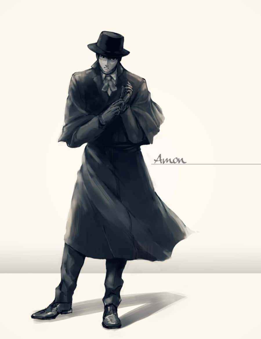 Koutarou Amon 桌布 壁紙 — 一個神秘男子身穿黑色長大衣和高帽，在樸素背景前擺出姿勢，散發著陰謀的氣息。