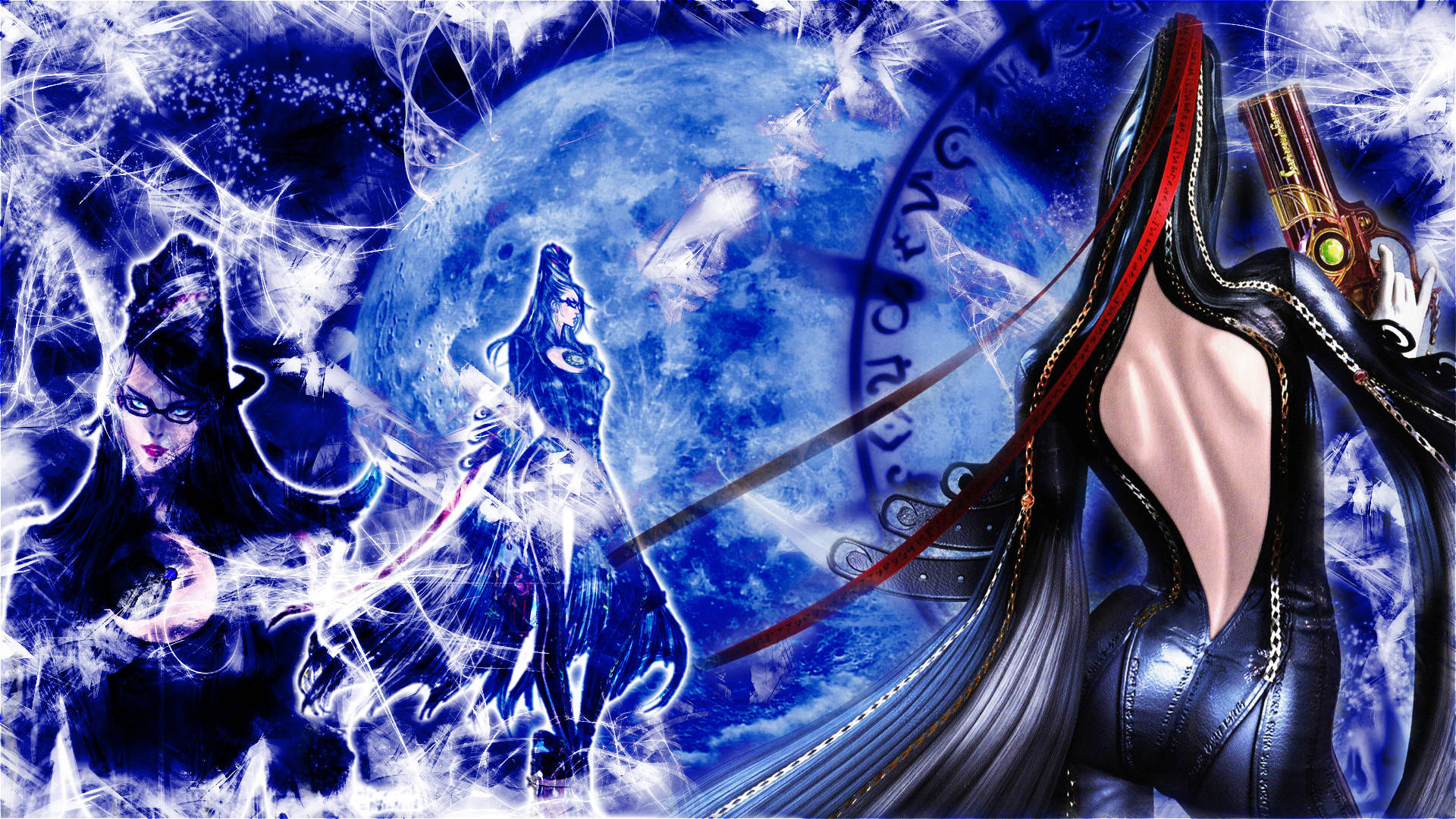 Bayonetta 桌布 壁紙 — 一個神秘的動漫場景，三位女戰士在宇宙藍色月亮背景下揮舞著發光武器。