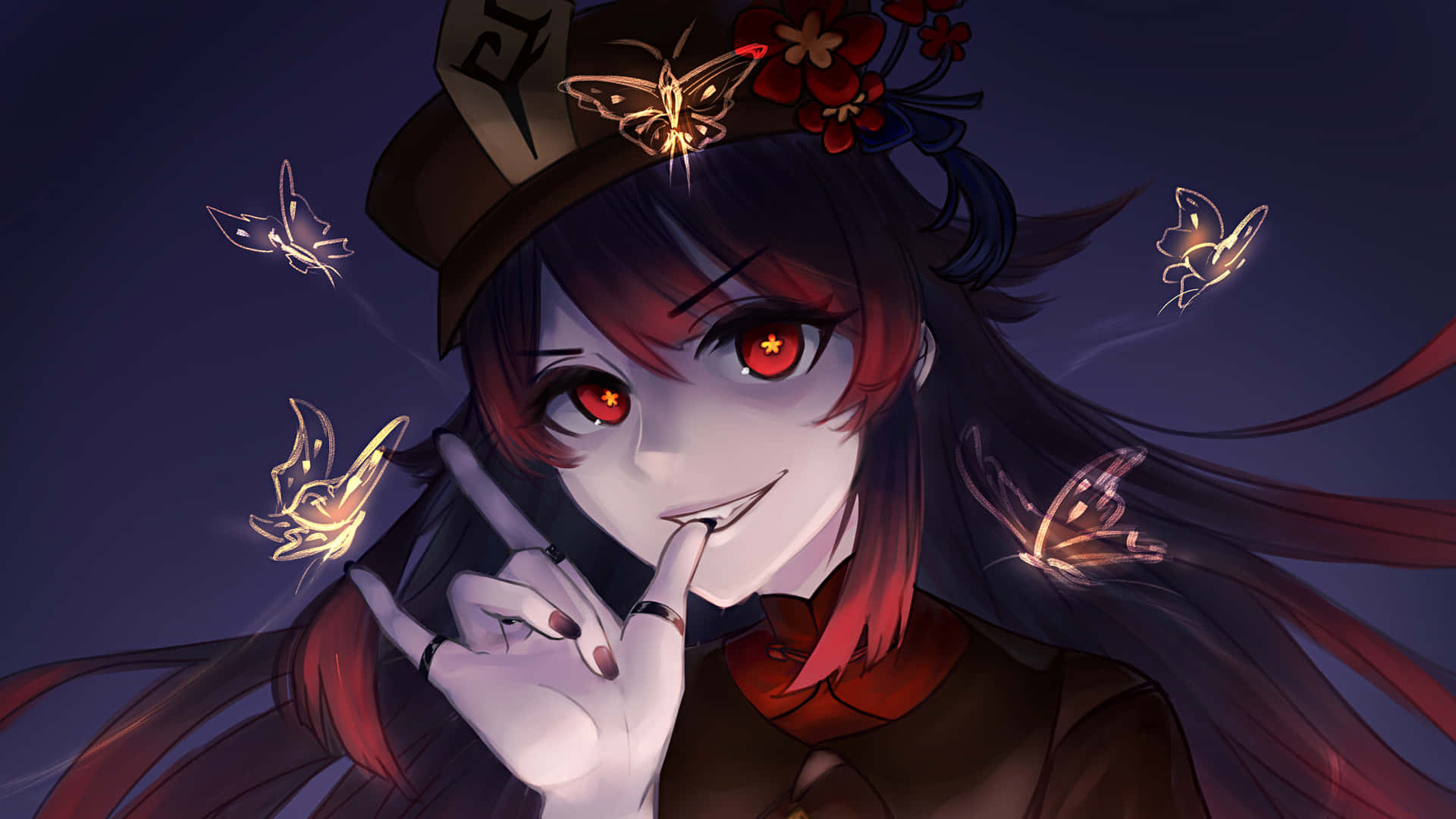 動漫女孩 桌布 壁紙 — 一個神秘的動漫女孩，擁有發光的紅色眼睛和蝴蝶圖案，在深紫色背景前微笑著將手指放在嘴唇上。