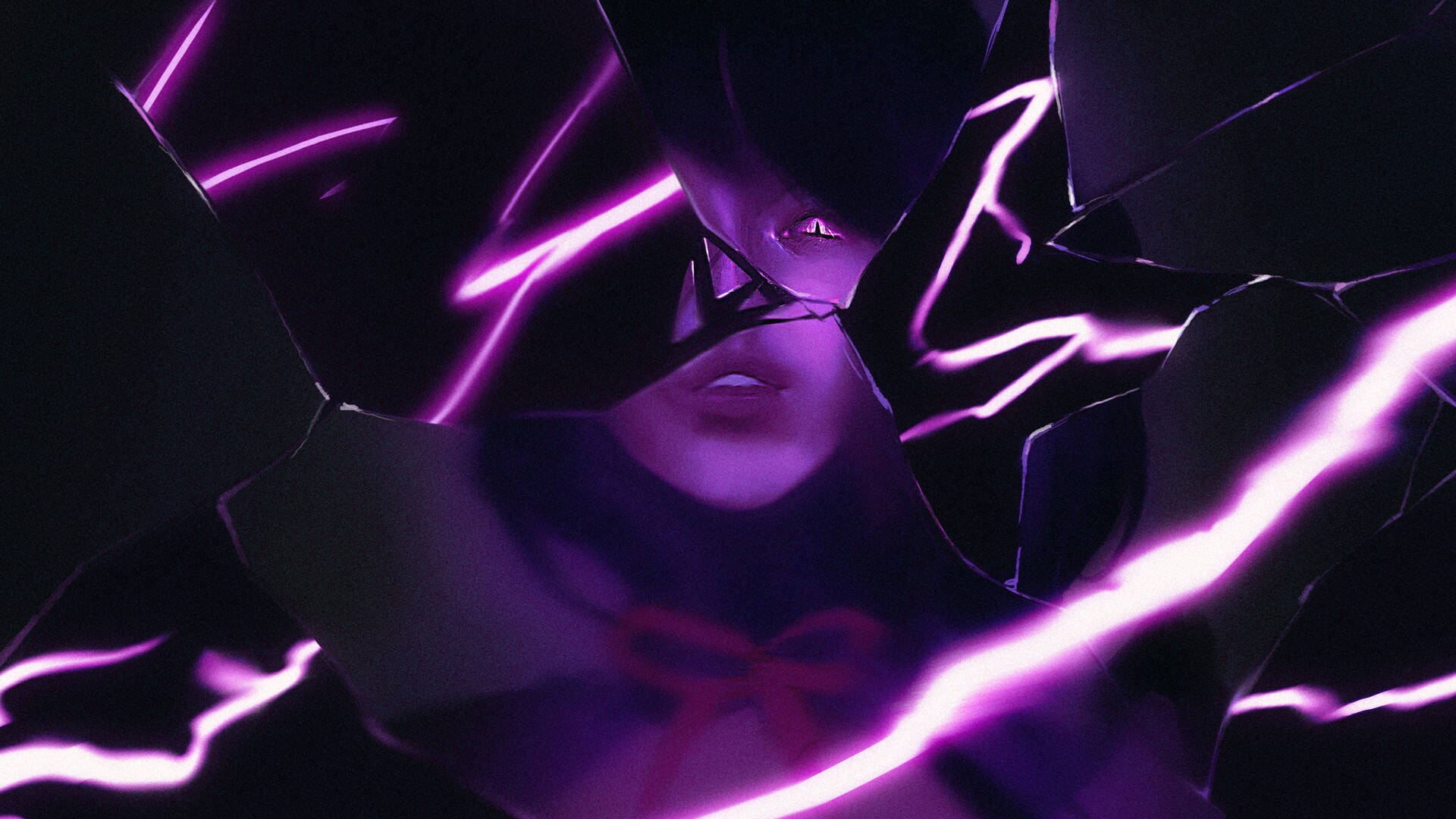 Raiden 桌布 壁紙 — 一個神秘的動漫女孩，發光的紫色眼睛透過佈滿鮮豔霓虹紫色能量條紋的破碎玻璃窺視。