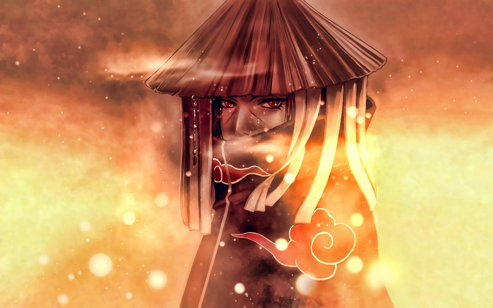 akatsuki itachi 桌布 壁紙 — 一個神秘的動漫女孩，紅色的眼睛，戴著草帽，站在發光的橙色和黃色天空前，周圍有漂浮的粒子。
