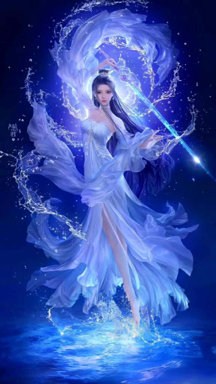 Goddess 桌布 壁紙 — 一個神秘的動漫女孩，身穿飄逸的藍色長袍，在旋轉的水和星際宇宙能量中揮舞著發光的劍。