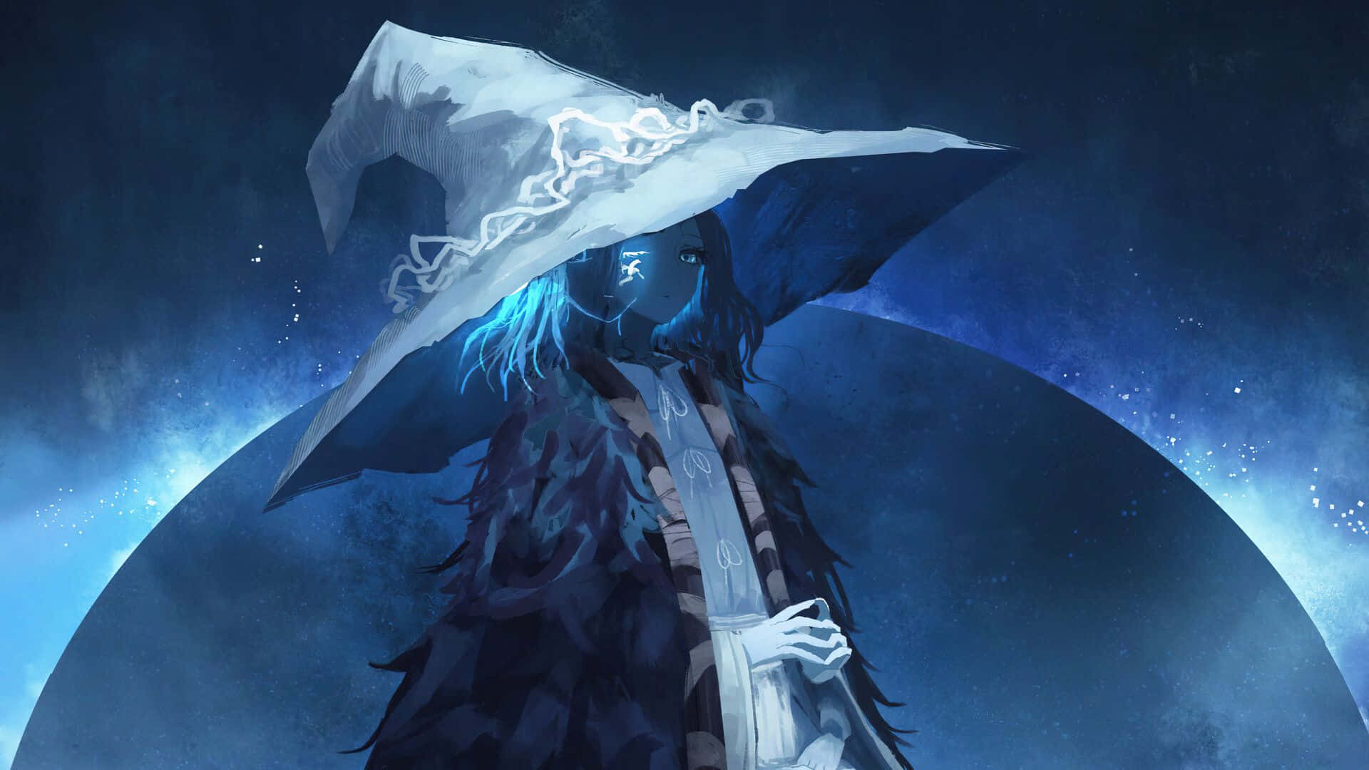 Witchy Desktop 桌布 壁紙 — 一個神秘的動漫女巫，擁有發光的藍色頭髮和一個大白帽子，站在充滿星星的宇宙夜空前。