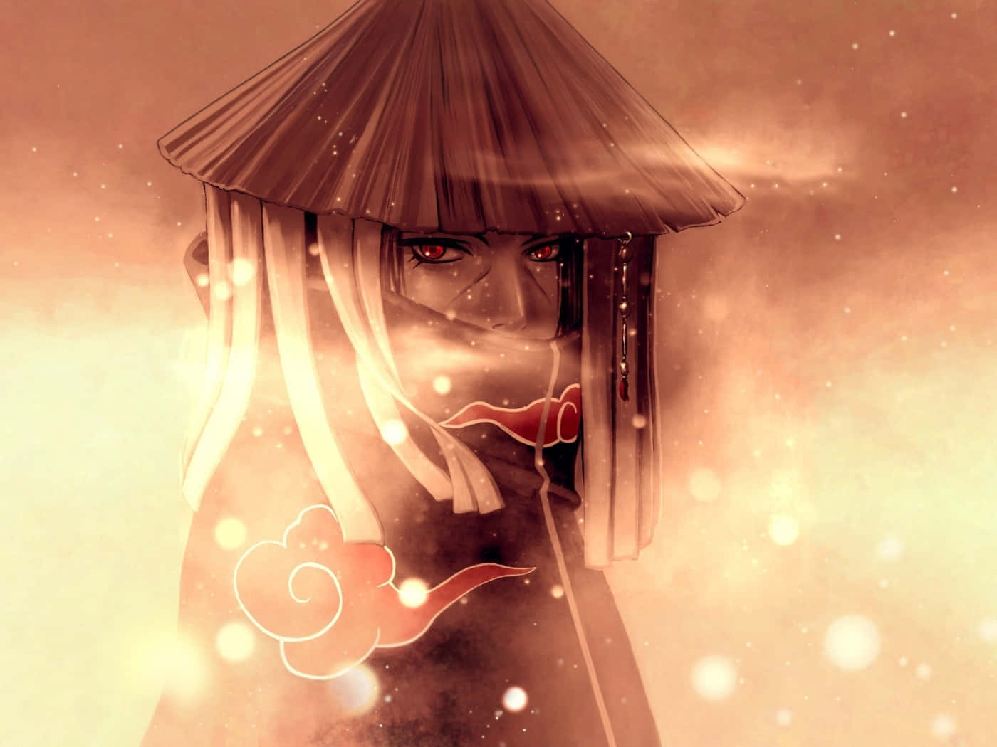 Akatsuki Hat 桌布 壁紙 — 一個神秘的動漫角色，紅色眼睛和草帽，在溫暖模糊的背景中柔和發光。