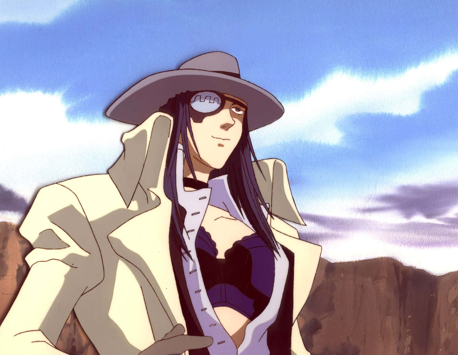 Dominique The Cyclops 桌布 壁紙 — 一個神秘的動漫角色，長長的黑髮和寬邊帽，站在藍天白雲下。