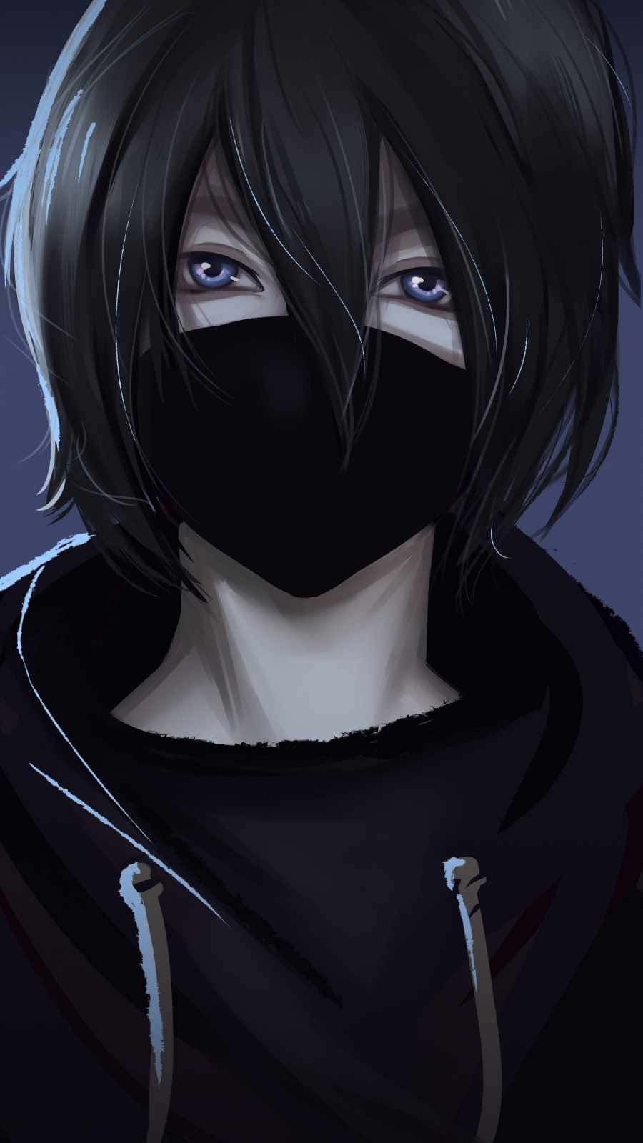 動漫男孩 桌布 壁紙 — 一個神秘的動漫角色，黑髮和發光的紫色眼睛，透過黑色面具凝視著憂鬱的紫色背景。