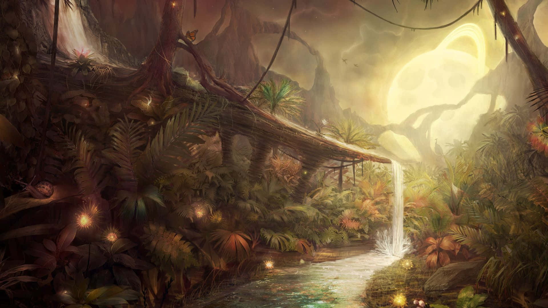 3d Forest 桌布 壁紙 — 一個神秘的叢林場景，有發光的瀑布、古老的樹橋，以及一個巨大的環狀月亮，透過茂密的樹葉投射出空靈的光芒。