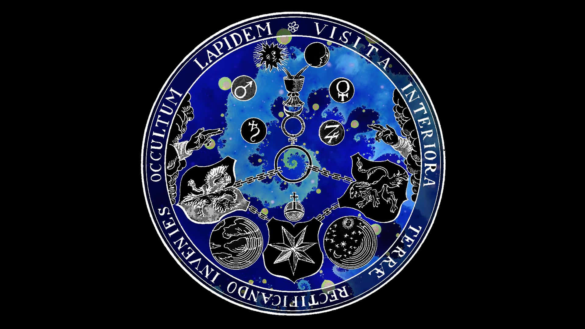 Alchemy 桌布 壁紙 — 一個神秘的圓形徽章，帶有煉金術符號和拉丁文文字，背景為宇宙藍色。