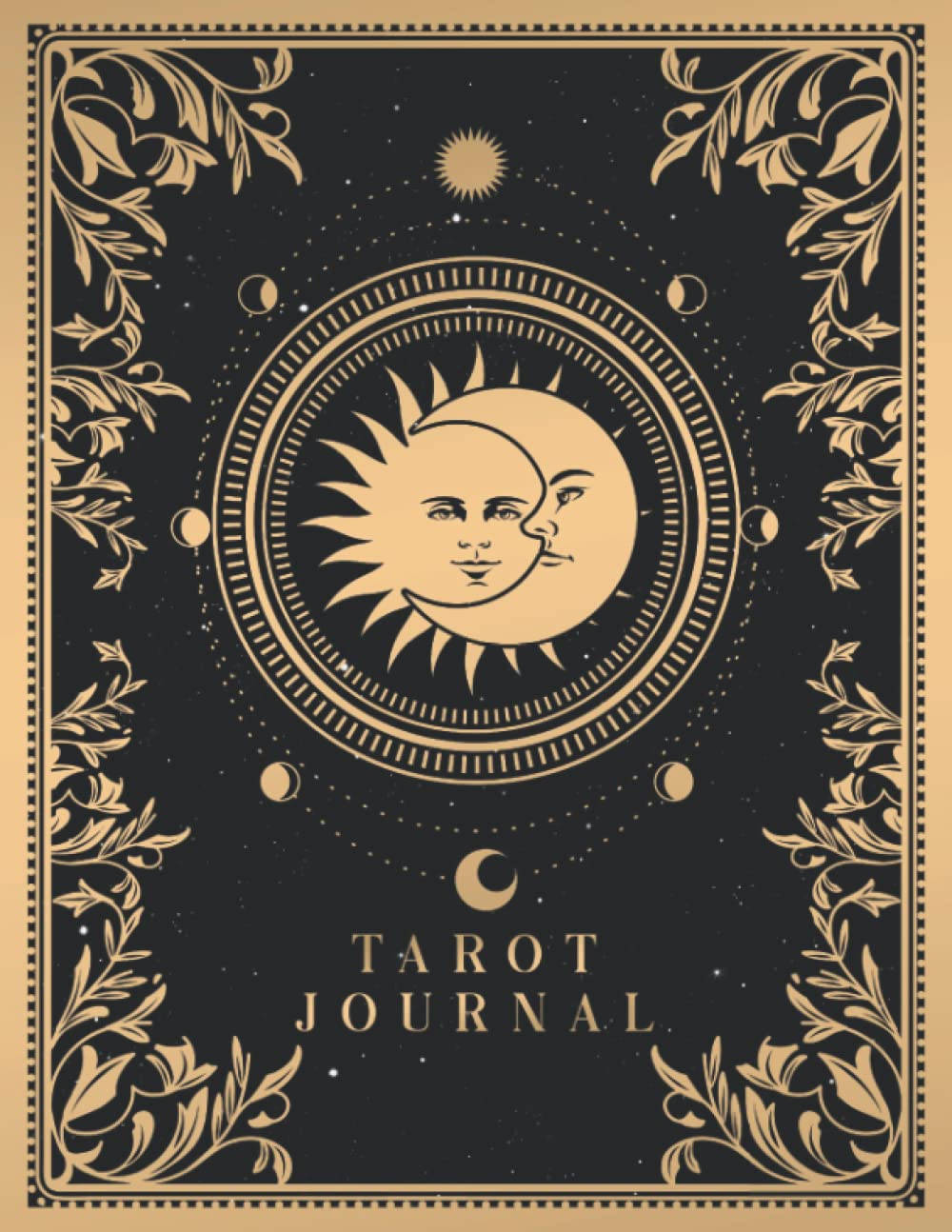 Tarot Card 桌布 壁紙 — 一個神秘的塔羅日記封面，金色太陽和月亮臉龐在裝飾圓框內擁抱，背景是星光閃爍的黑色。