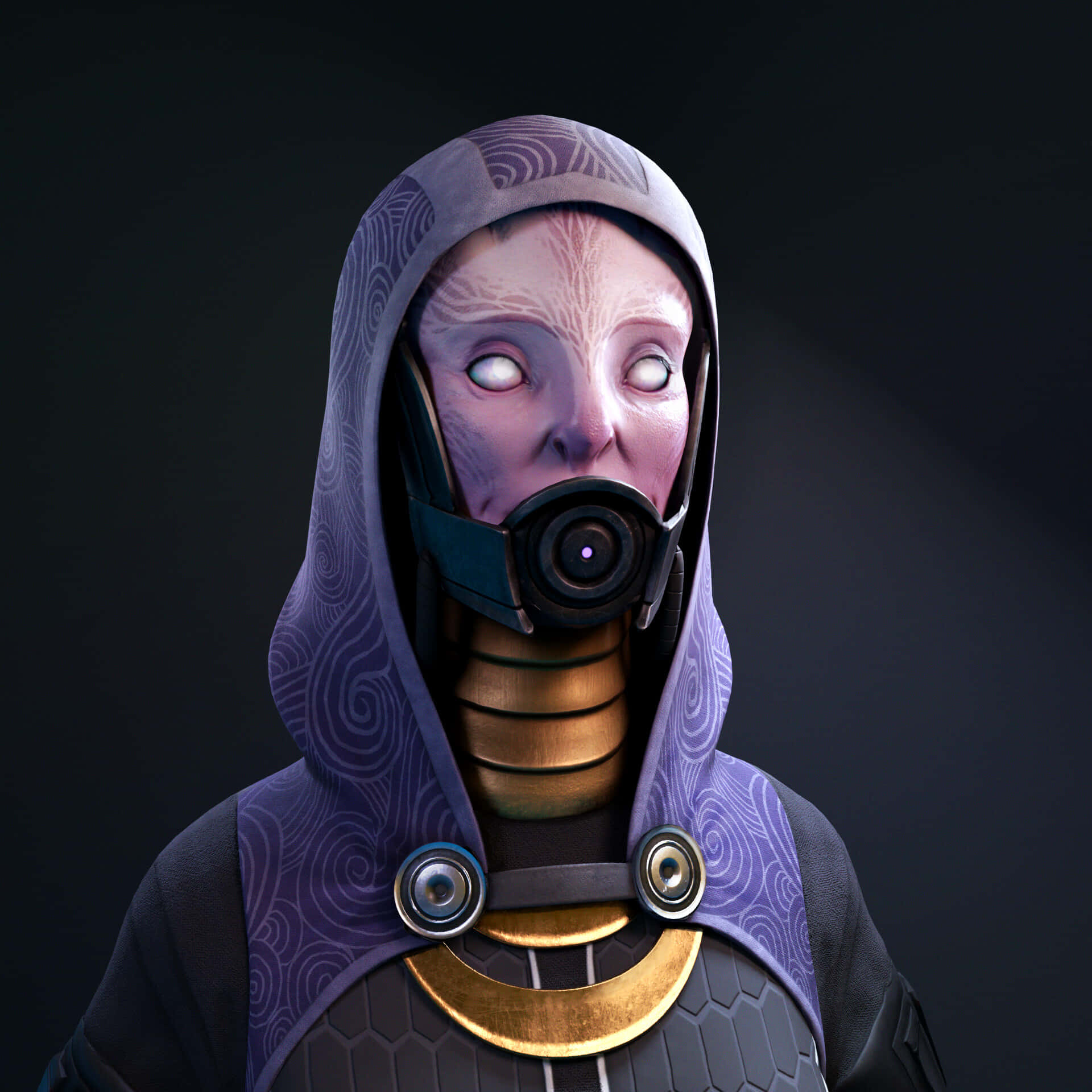 Tali'zorah 桌布 壁紙 — 一個神秘的外星人，有著發光的眼睛和相機嘴巴，穿著紫色連帽長袍，背景是黑暗的。