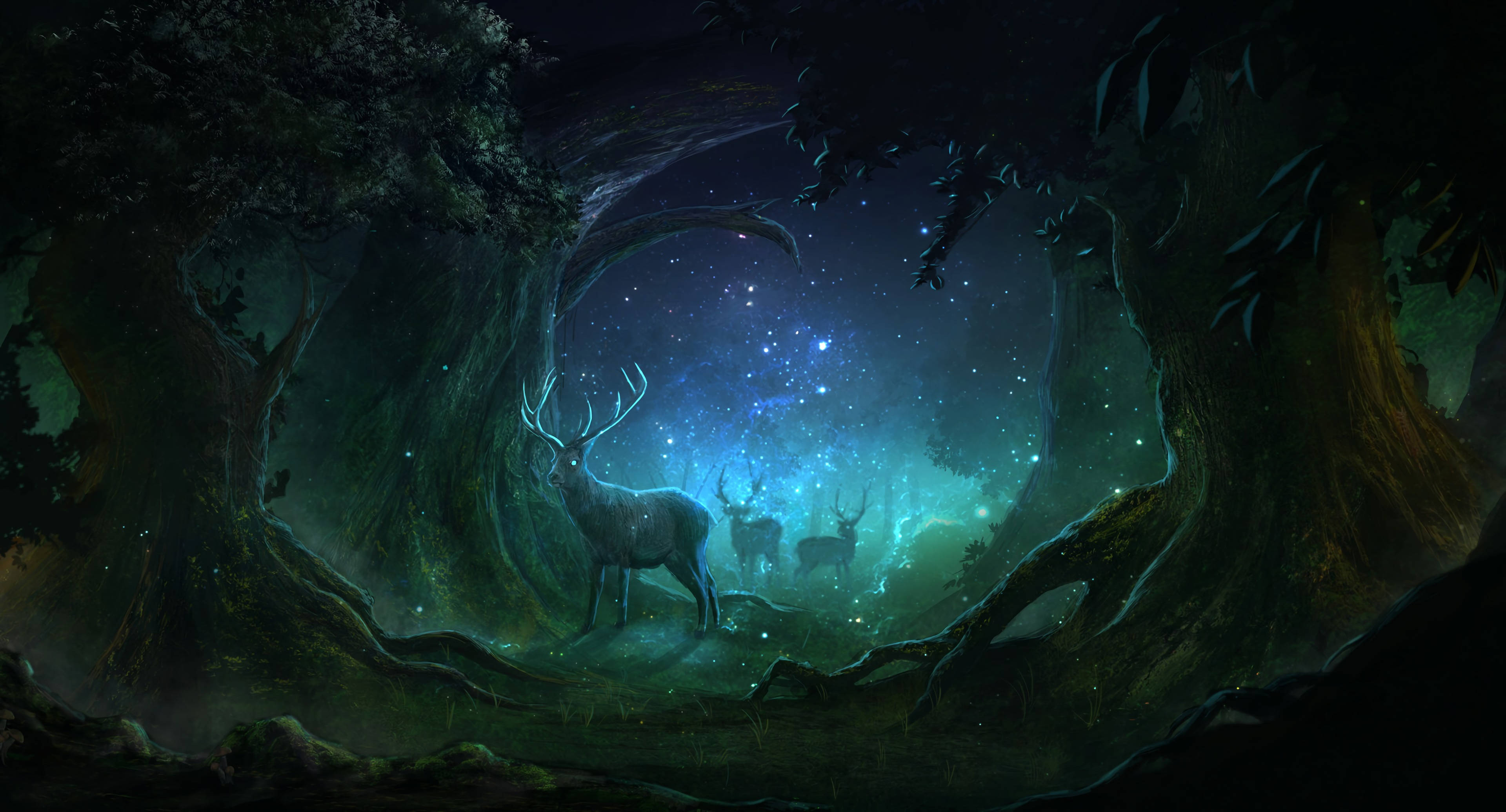 魔法動圖 桌布 壁紙 — 一個神秘的夜晚森林，發光的鹿站在星空下，由古樹環繞。