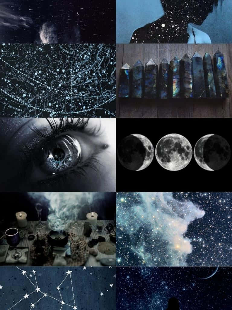 Witch Aesthetic 桌布 壁紙 — 一個神秘的天體主題拼貼畫，包含星星、星座、月亮、水晶和一隻反映宇宙奇蹟的眼睛。