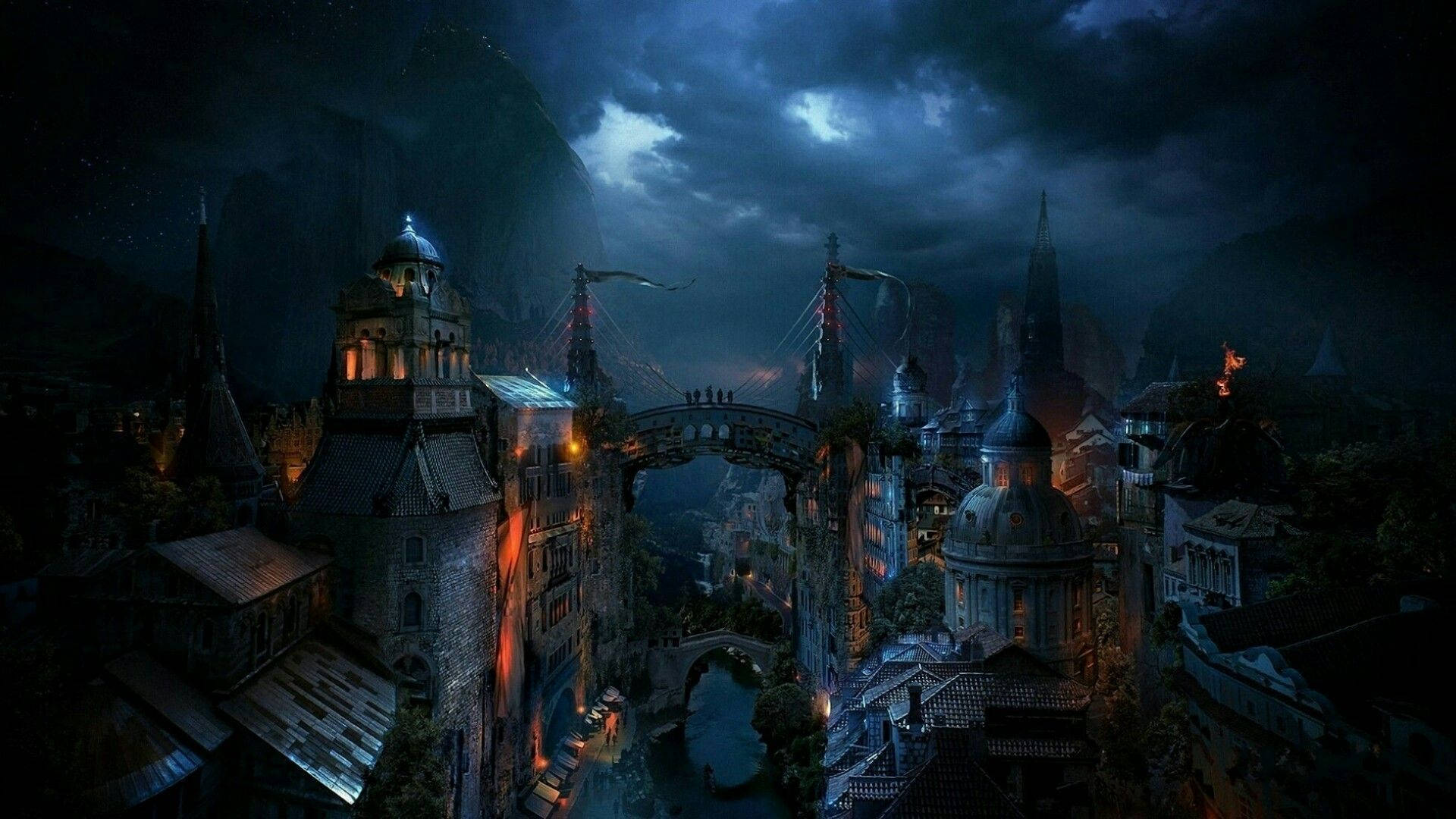 Dark Ages 桌布 壁紙 — 一個神秘的奇幻城市夜景，發光的窗戶和一座橋樑橫跨河流，天空風暴密佈。