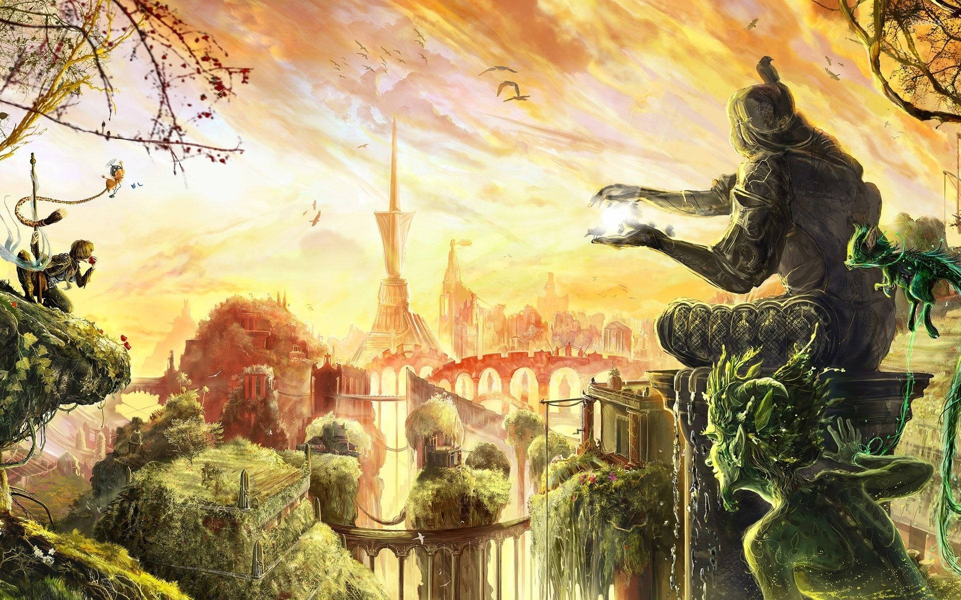 奇幻 桌布 壁紙 — 一個神秘的奇幻城市景觀，沐浴在金色的日落光芒中，一個戴著兜帽的身影在雜草叢生的廢墟和飛行生物上施放魔法。