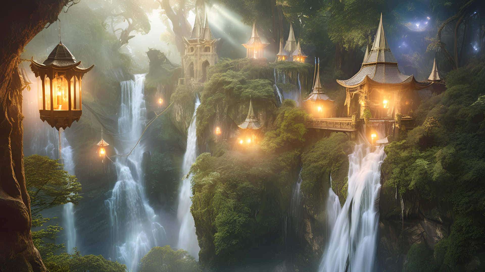 Ancient Elven Forest Kingdom 壁紙 — 一個神秘的奇幻村莊依附在懸崖邊，周圍是層疊的瀑布和發光的燈籠，位於茂密的森林中。