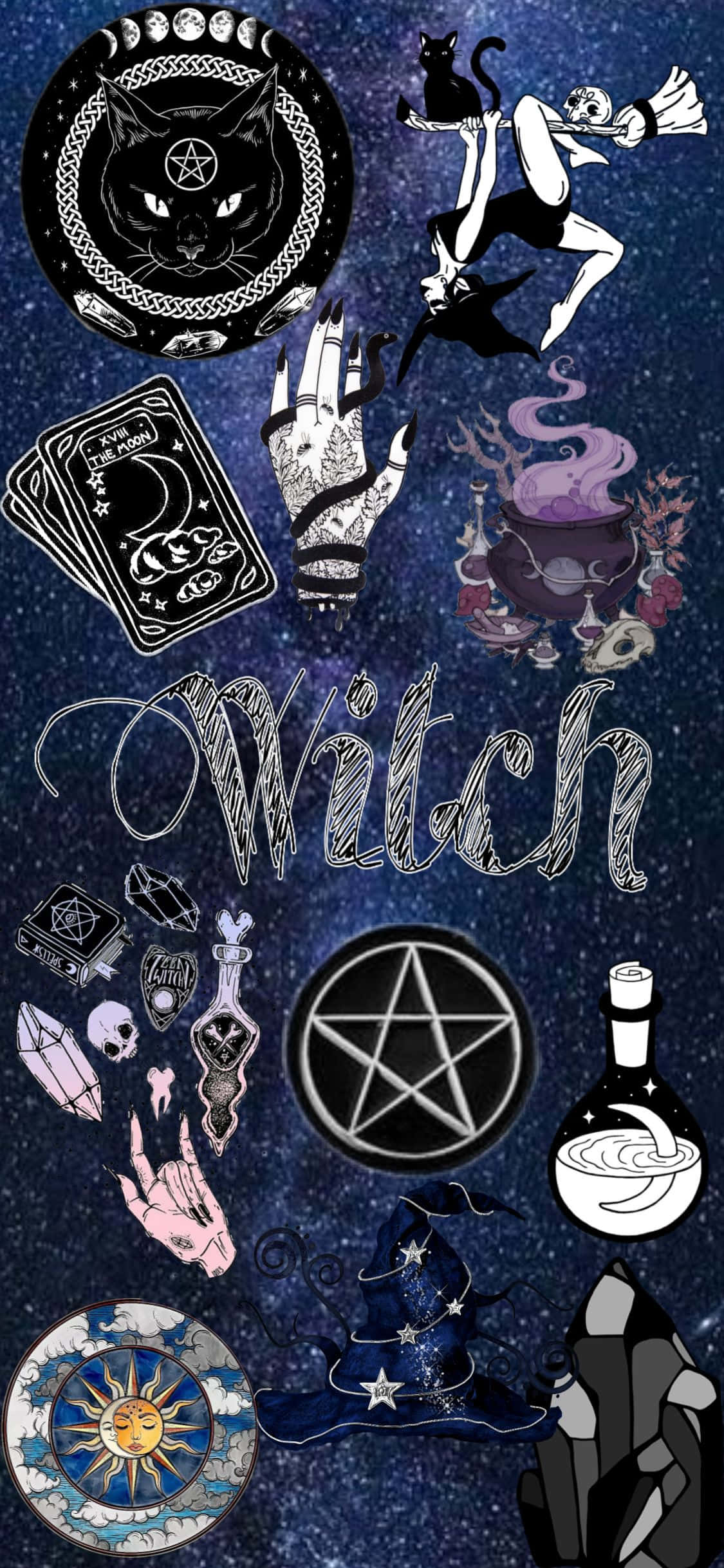 女巫 桌布 壁紙 — 一個神秘的女巫符號拼貼畫，包括貓、五角星和坩堝，背景是星空夜空。