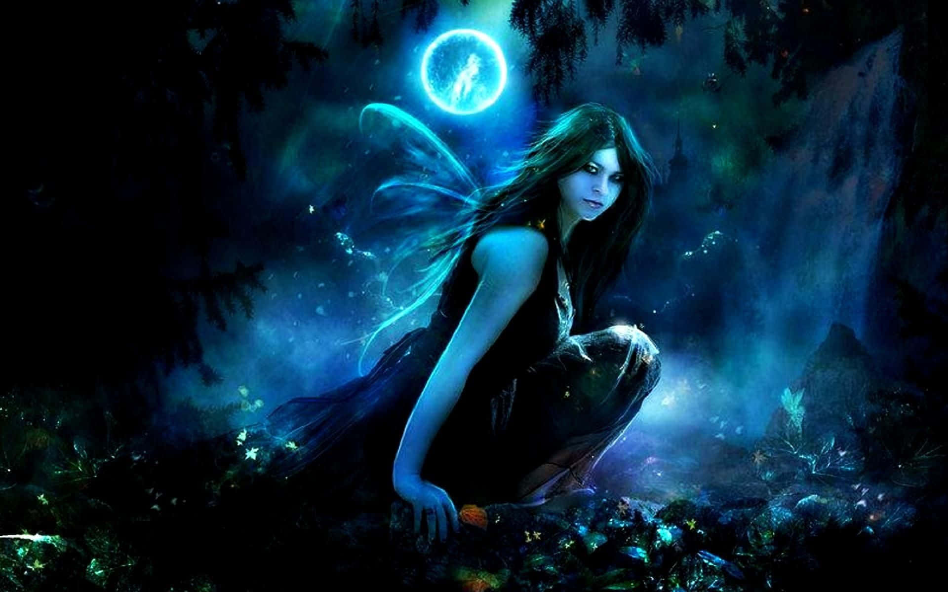 Evil Fairy 桌布 壁紙 — 一個神秘的妖精，擁有發光的藍色翅膀，在黑暗的魔法森林中，在明亮的月光下蹲伏。