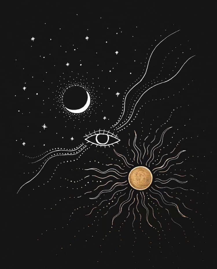 Sun And Moon Aesthetic 桌布 壁紙 — 一個神秘的宇宙場景，金色太陽散發光芒，新月和警覺的眼睛在閃爍的星星中，背景為黑色。