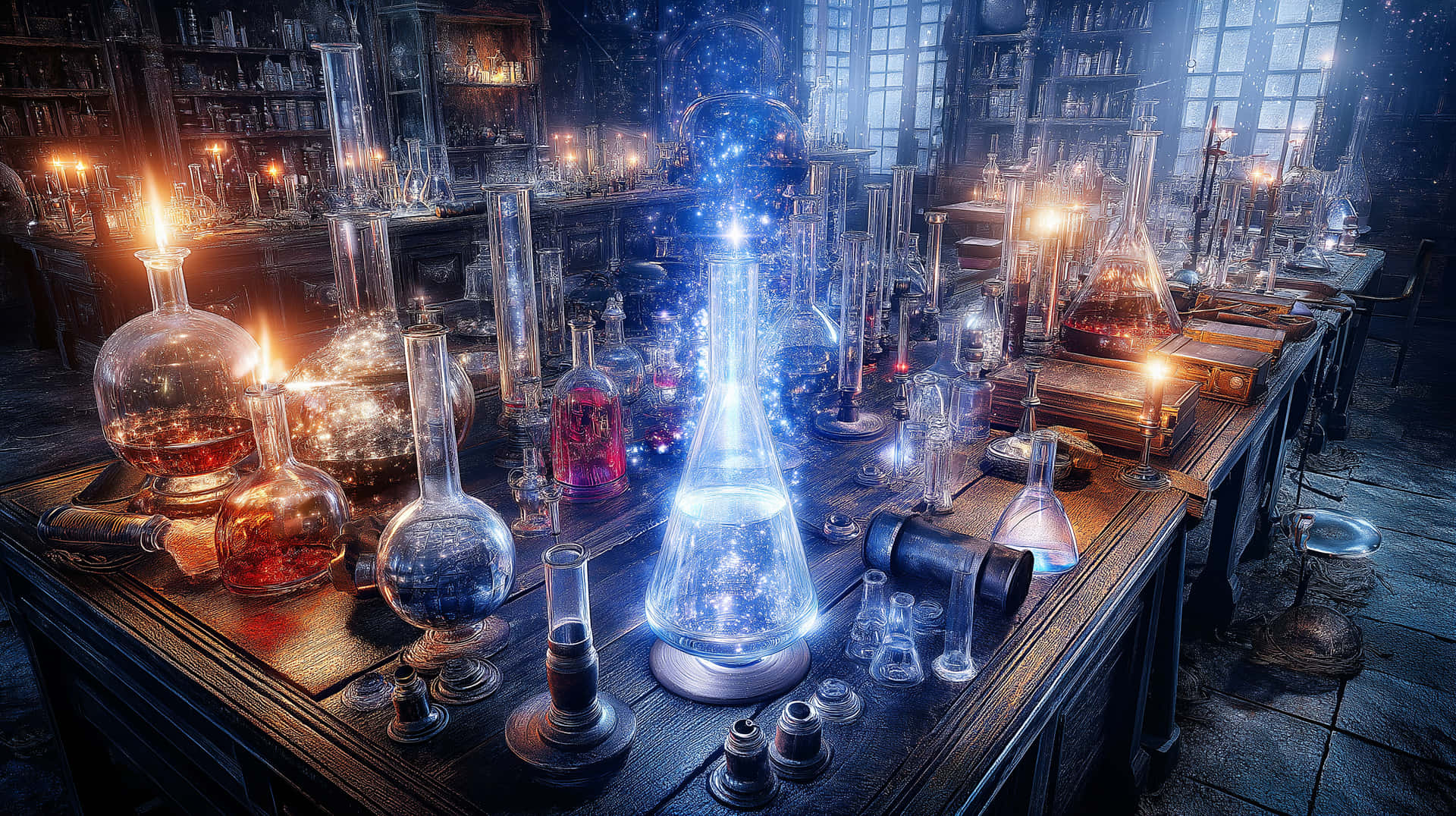 Alchemist's Lumina Lab 壁紙 — 一個神秘的實驗室，充滿了發光的玻璃燒瓶和在燭光下冒泡的藥水。