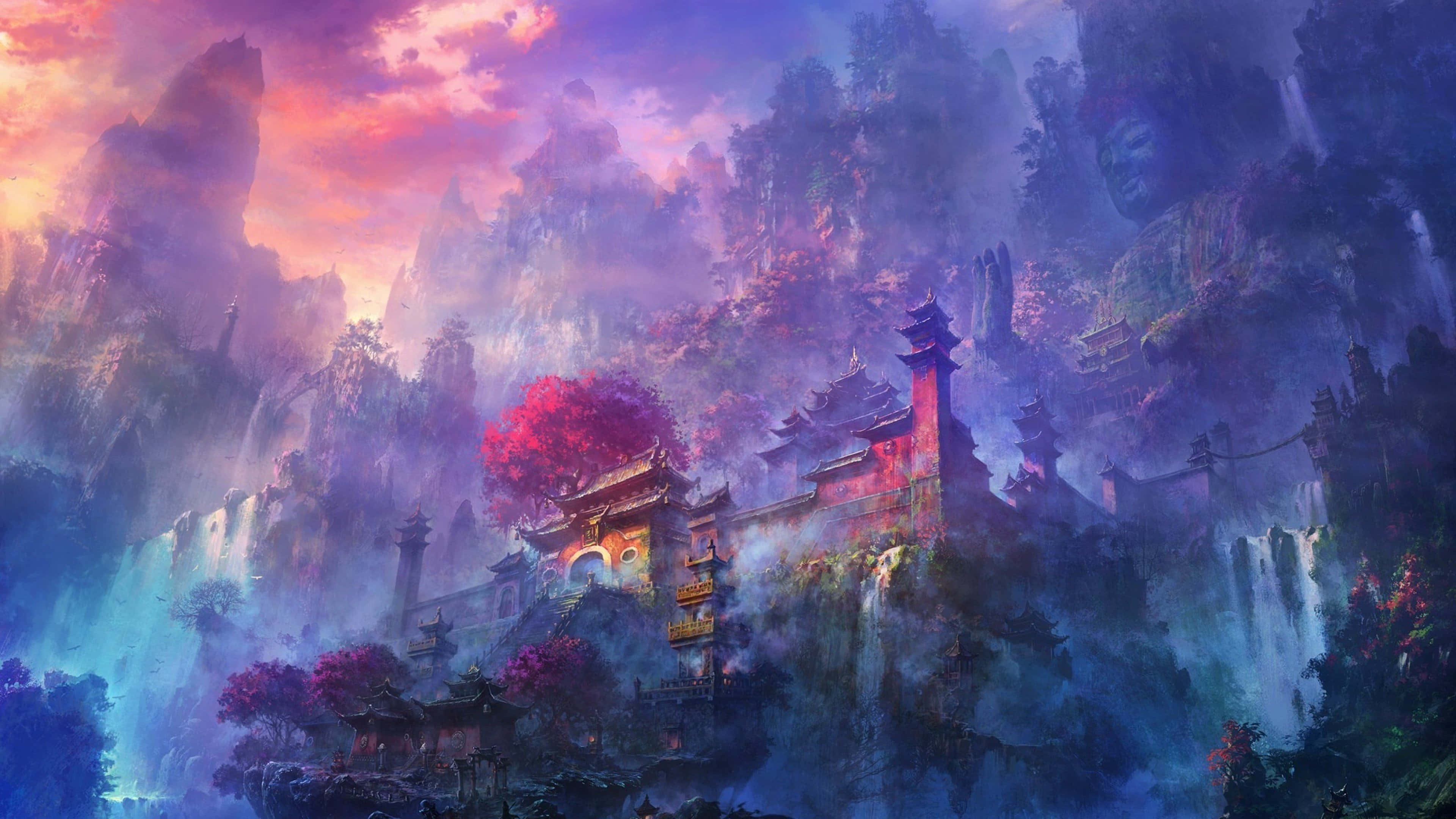 廟宇 桌布 壁紙 — 一個神秘的寺廟建築群依附在雲霧繚繞的山巒上，下方是充滿活力的日落天空，有層疊的瀑布和發光的粉紅色樹木。