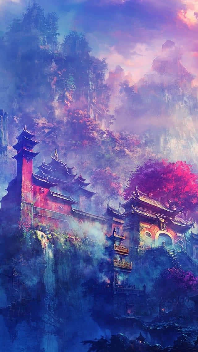 Asian 桌布 壁紙 — 一個神秘的寺廟建築群依附在霧氣繚繞的懸崖上，下方是夢幻般的暮色天空，塗滿了紫色和粉紅色。