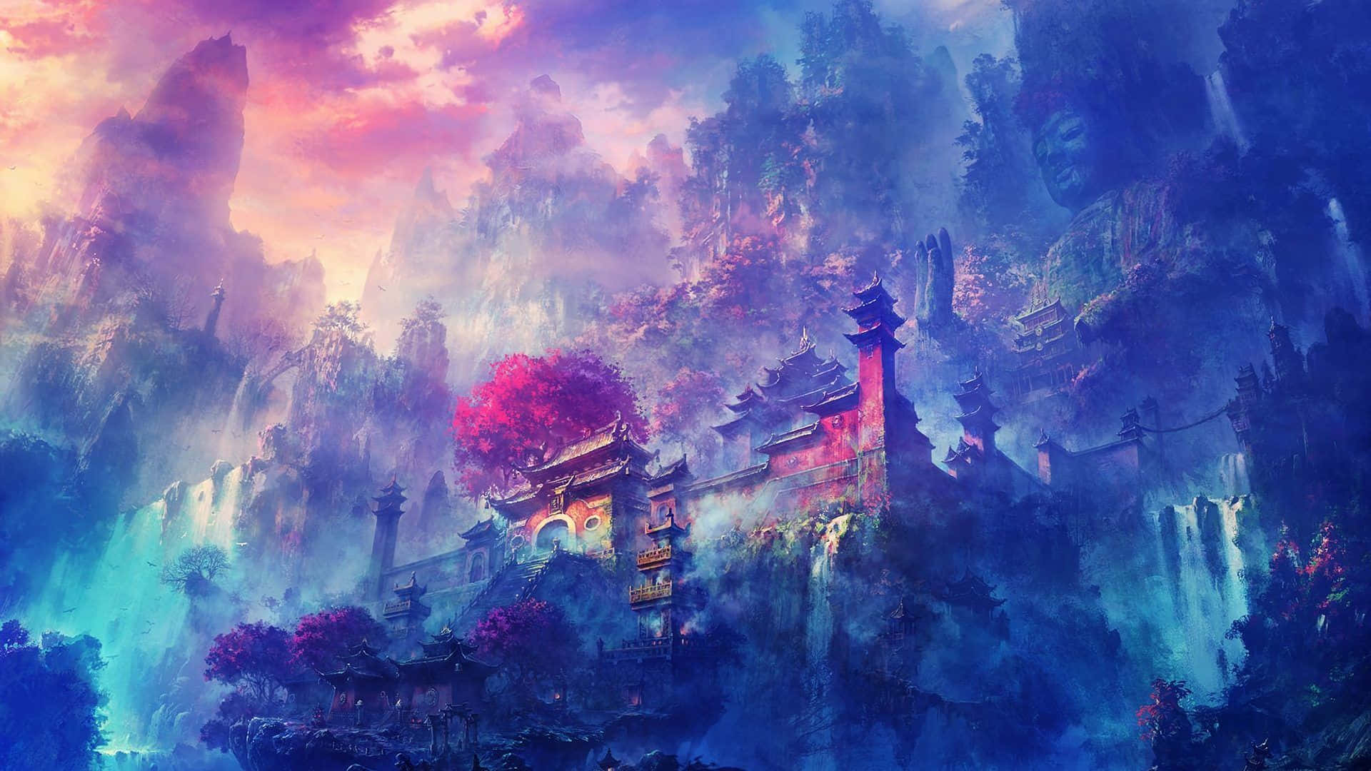 動畫風景動圖 桌布 壁紙 — 一個神秘的寺廟群依附在霧氣繚繞的山巒上，背景是超現實的粉紅與藍色日落天空。