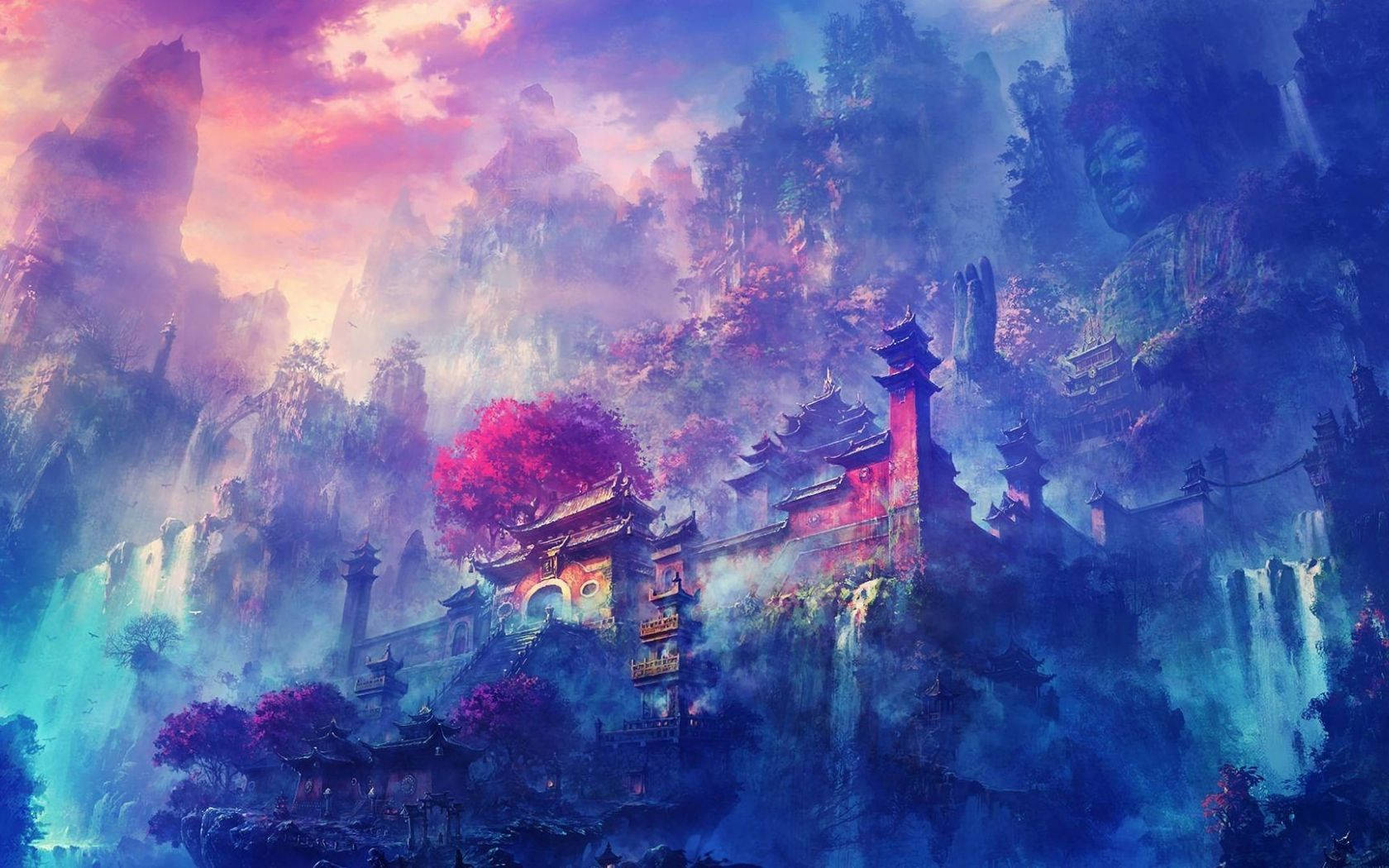 Painting 桌布 壁紙 — 一個神秘的寺廟群依附在霧氣繚繞的山巒上，背景是超現實的粉紅與藍色日落天空。