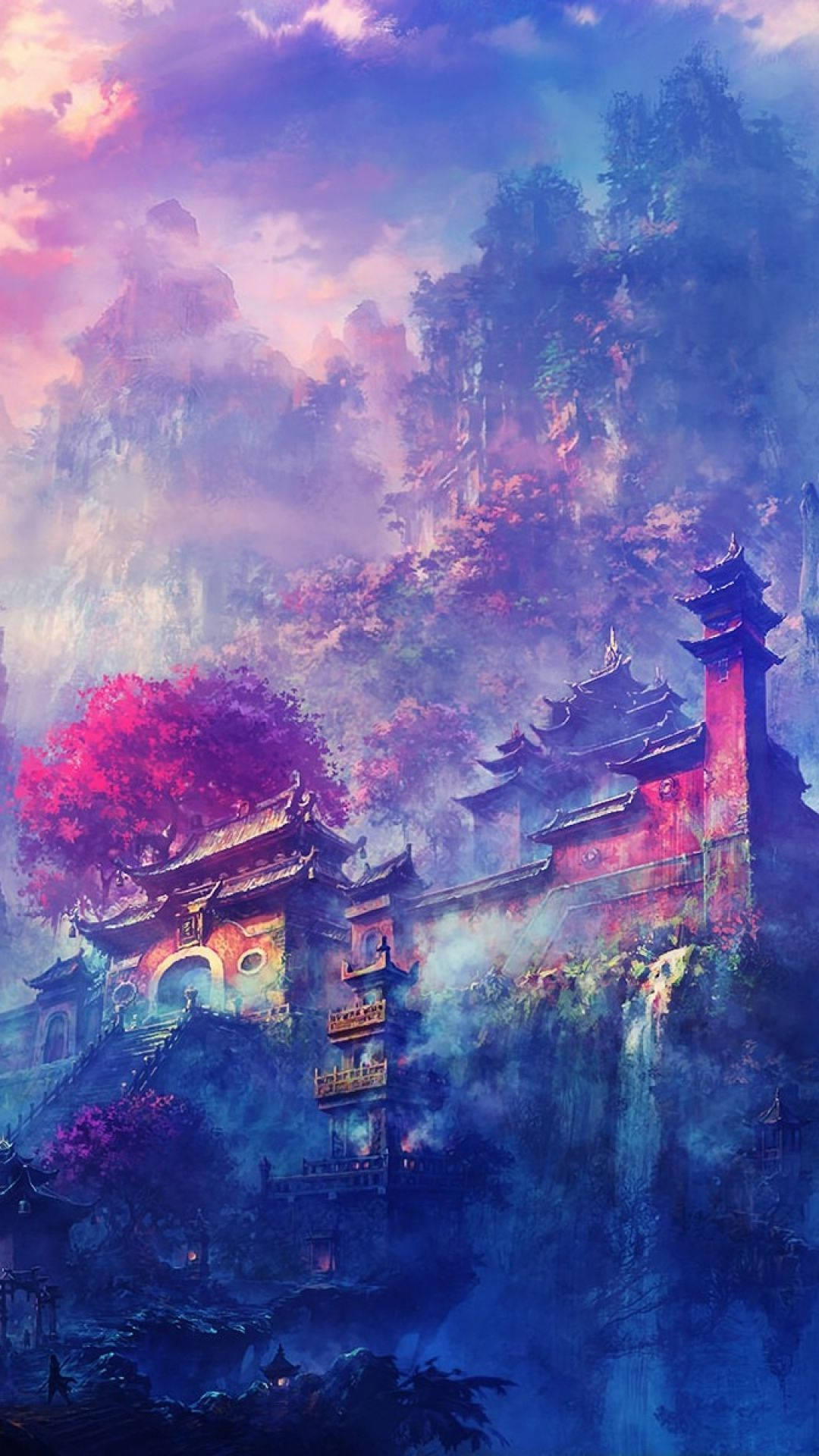 日本 桌布 壁紙 — 一個神秘的山寺建築群依附在懸崖上，下方是夢幻般的暮色天空，塗上粉紅、紫色和藍色調。