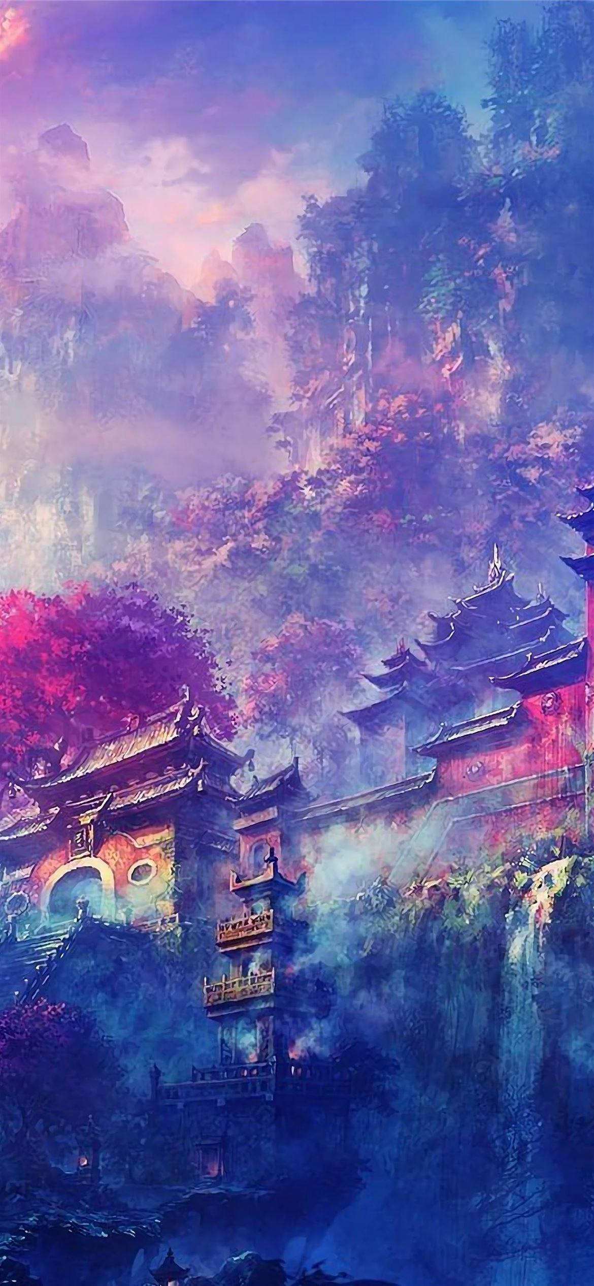 紫色動漫美學 桌布 壁紙 — 一個神秘的山寺建築群依附在懸崖上，下方是夢幻般的紫色和粉紅色暮色天空。