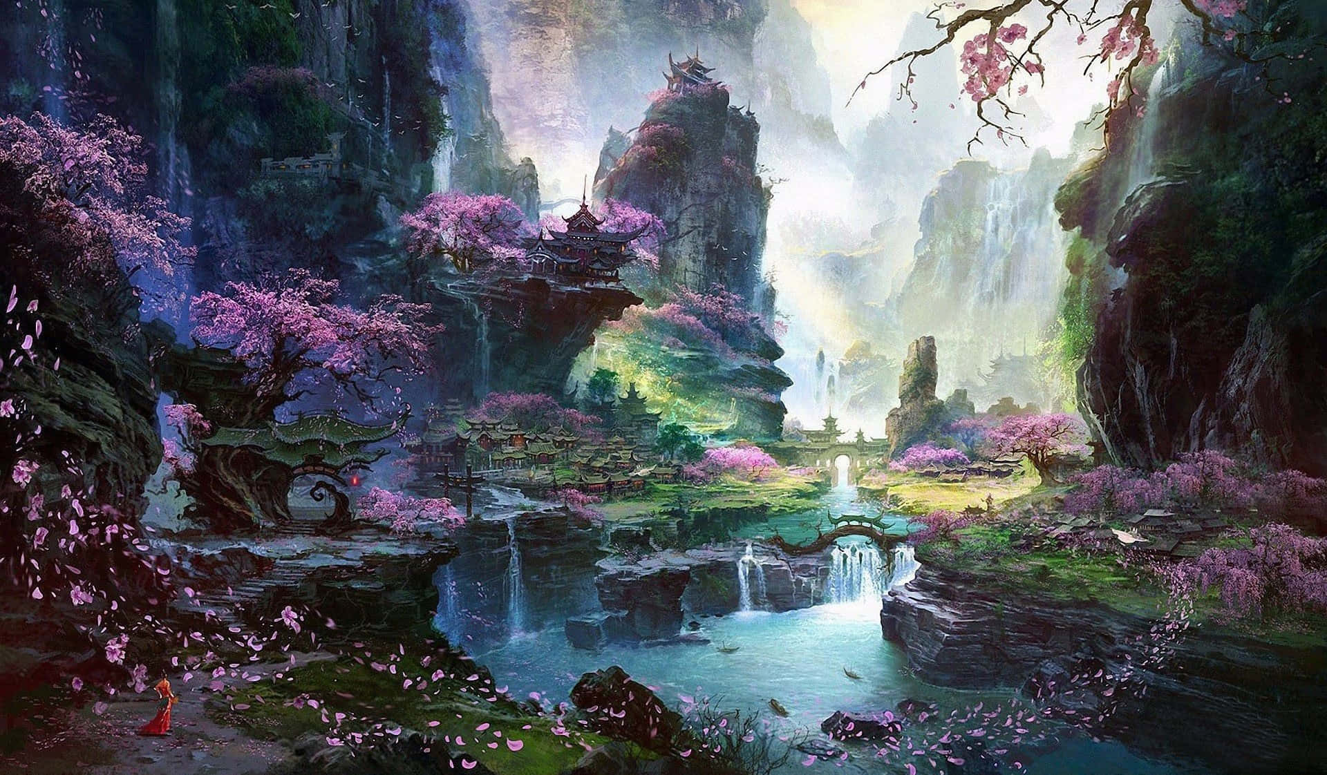 背景 桌布 壁紙 — 一個神秘的山谷，有漂浮的寶塔和層疊的瀑布，周圍環繞著盛開的粉紅色櫻花樹，天空柔和發光。