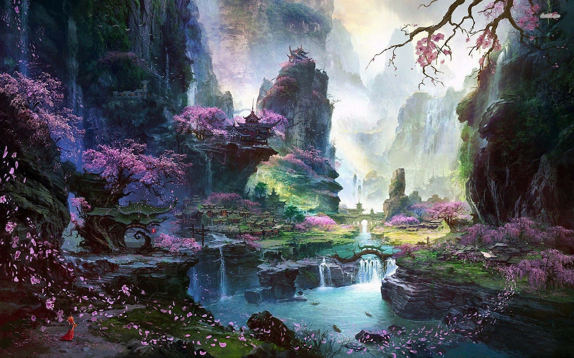 奇幻藝術 桌布 壁紙 — 一個神秘的山谷，漂浮的寶塔和層疊瀑布被櫻花樹環繞，天空柔和發光。
