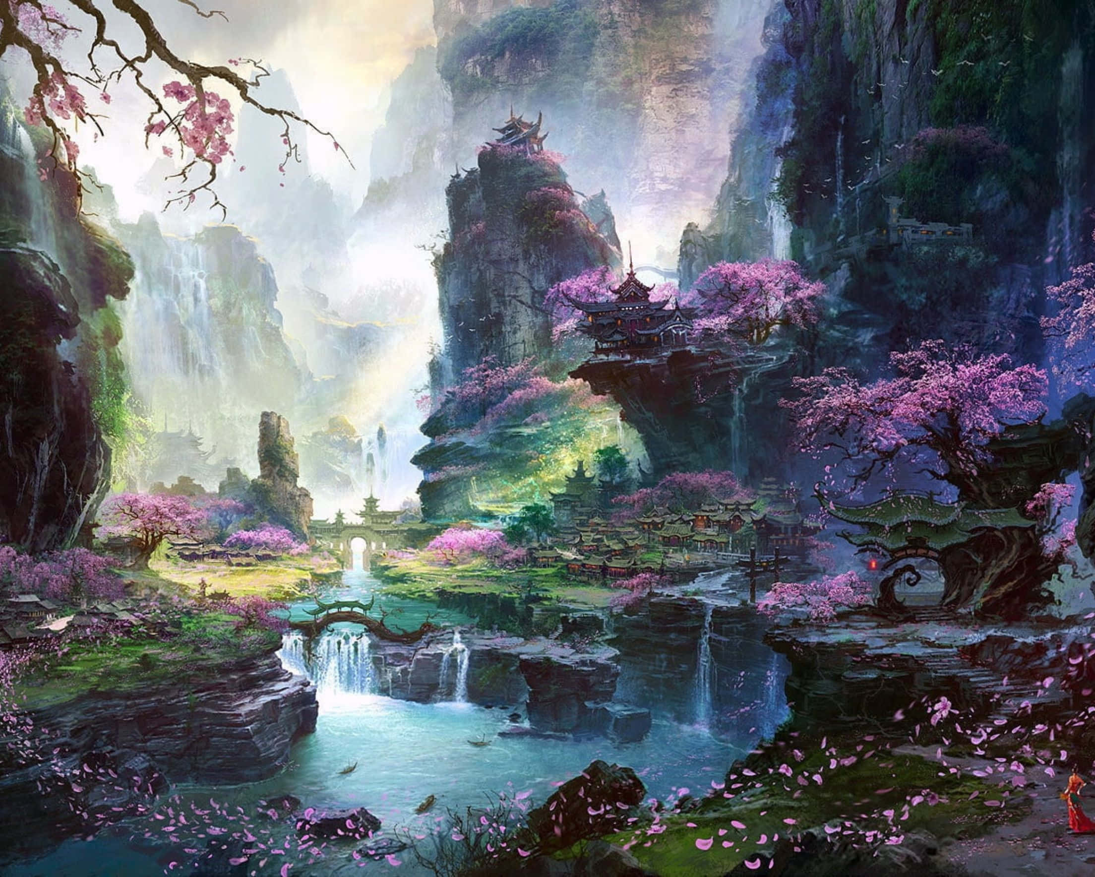 2208x1768 桌布 壁紙 — 一個神秘的山谷，漂浮的寶塔坐落在高聳的懸崖和層疊瀑布之間，周圍環繞著盛開的粉紅色櫻花樹。