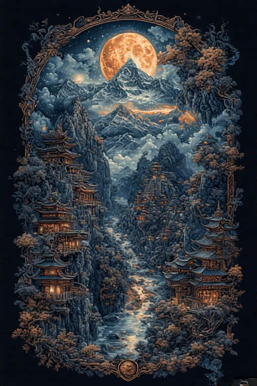 Gothic Inspired Tibet Night Scene Wallpaper 4K 壁紙 — 一個神秘的山谷，由華麗的拱門框住，在巨大的橙色月亮下，懸崖上藏著發光的寶塔。