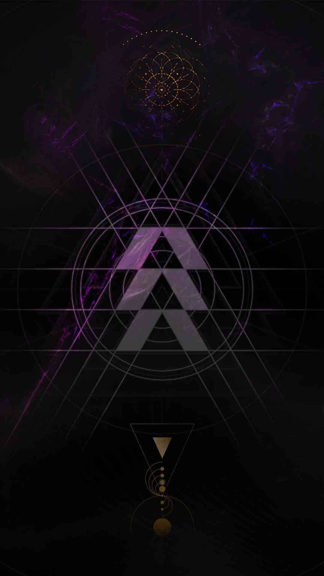 桌布 壁紙 — 一個神秘的幾何設計，在黑暗的宇宙背景上帶有發光的紫色和金色線條及符號。