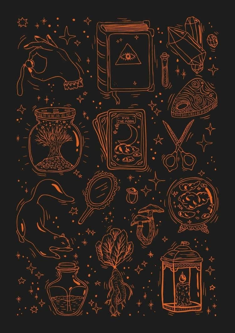 Witch Aesthetic 桌布 壁紙 — 一個神秘的收藏，包含以發光橙色勾勒的 occult 符號和魔法物品，背景為深色。