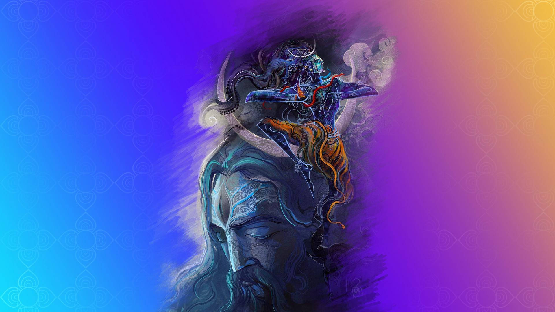 mahakaal HD 桌布 壁紙 — 一個神秘的數位藝術肖像，描繪一個平靜的鬍鬚人物，頭頂上騎著一個有角的神祇，背景是鮮豔的漸變色。