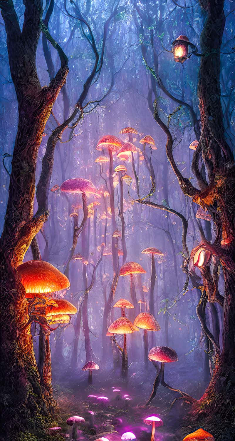 magical 桌布 壁紙 — 一個神秘的森林在暮色樹冠下閃爍著生物發光的蘑菇和懸掛的燈籠。