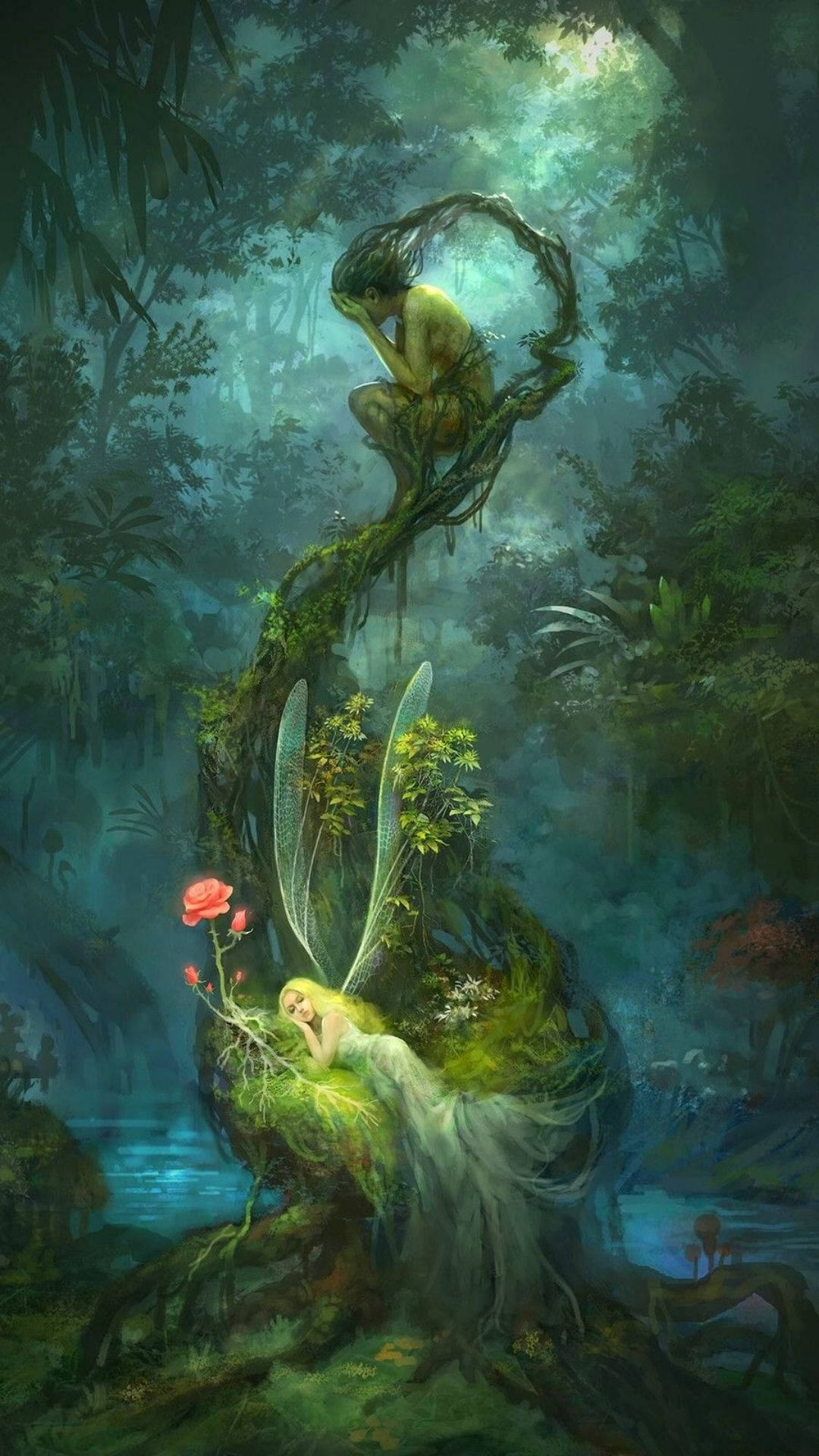 仙女美學 桌布 壁紙 — 一個神秘的森林場景，有一個睡著的仙女在長滿苔蘚的樹根上，還有一個沉思的人物棲息在上方斑駁的綠光中。