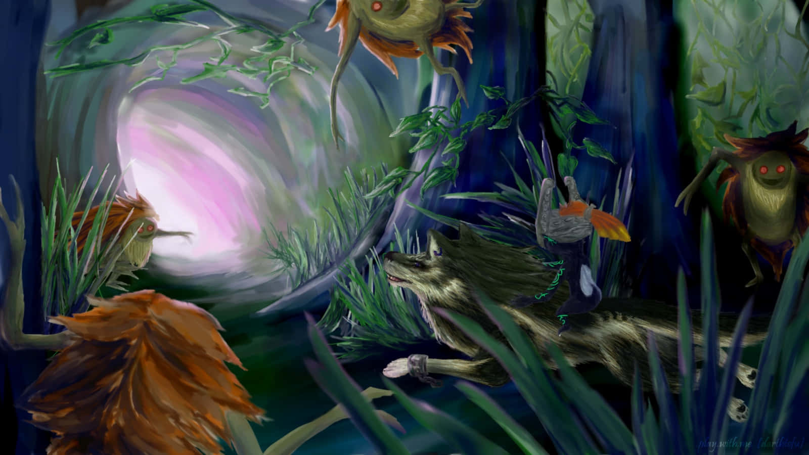 森林 桌布 壁紙 — 一個神秘的森林場景，有發光的生物和一個像狼的身影，周圍是充滿活力的綠色樹葉和一個旋轉的粉紅色傳送門。