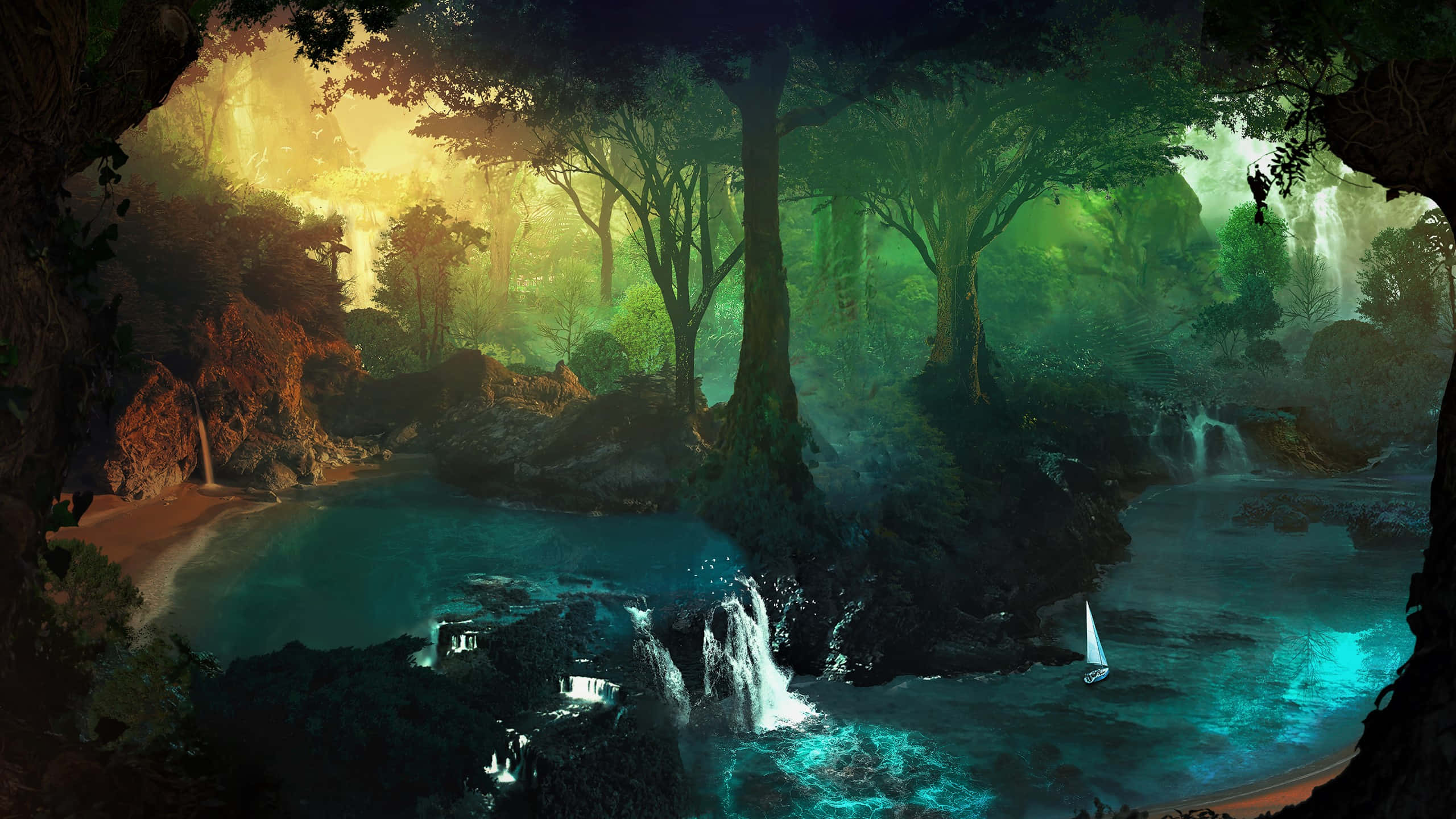 Enchanted Forest 桌布 壁紙 — 一個神秘的森林幽谷，發光的碧綠水流傾瀉入河，一艘孤獨的帆船在透過古樹灑落的金色陽光下漂流。