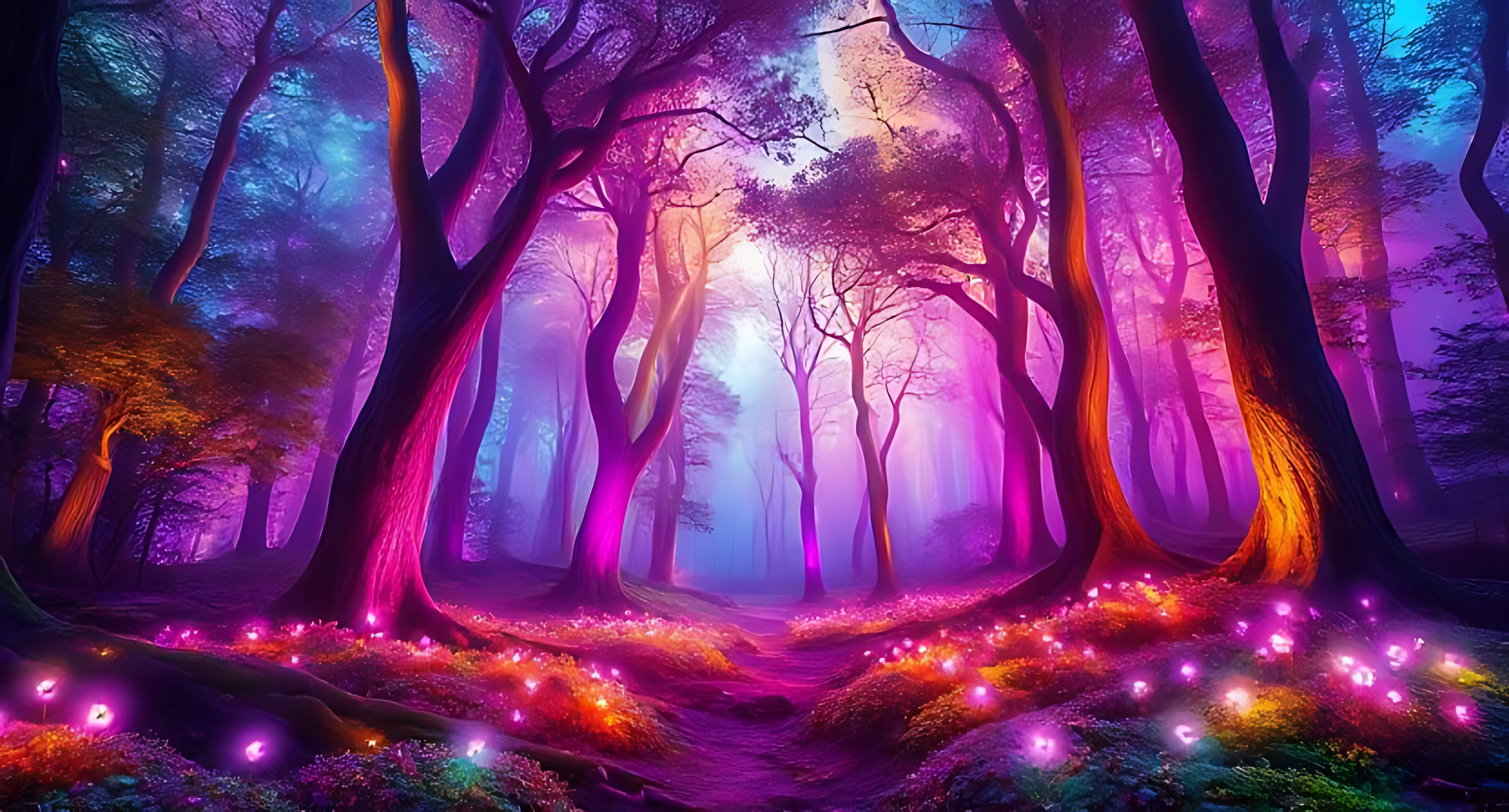 Pink Trees 桌布 壁紙 — 一個神秘的森林沐浴在發光的紫色和藍色光中，生物發光的花朵照亮了蜿蜒的小路。