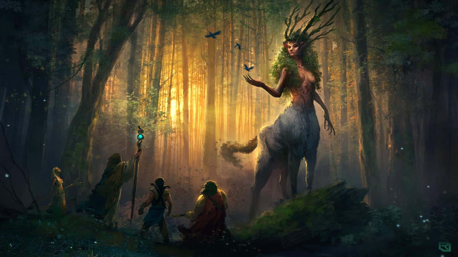 spirit 桌布 壁紙 — 一個神秘的森林生物，長有鹿角和飄逸的頭髮，高高站立，冒險者們手持發光法杖在金色陽光中靠近。