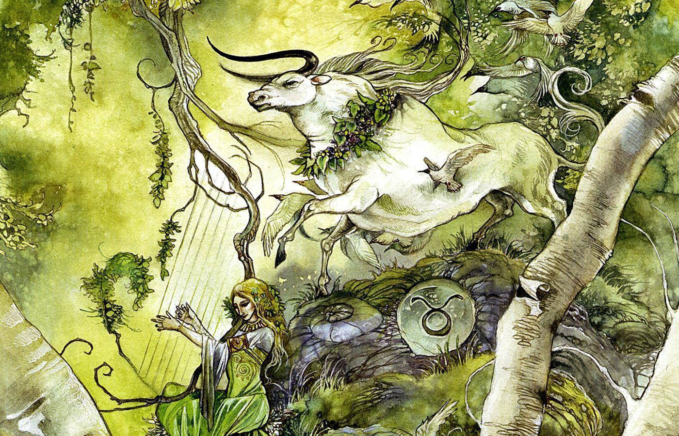 zodiac 桌布 壁紙 — 一個神秘的水彩場景，描繪一位女子在翠綠茂密的森林中，於一頭裝飾著藤蔓、跳躍的白牛下方彈奏豎琴。